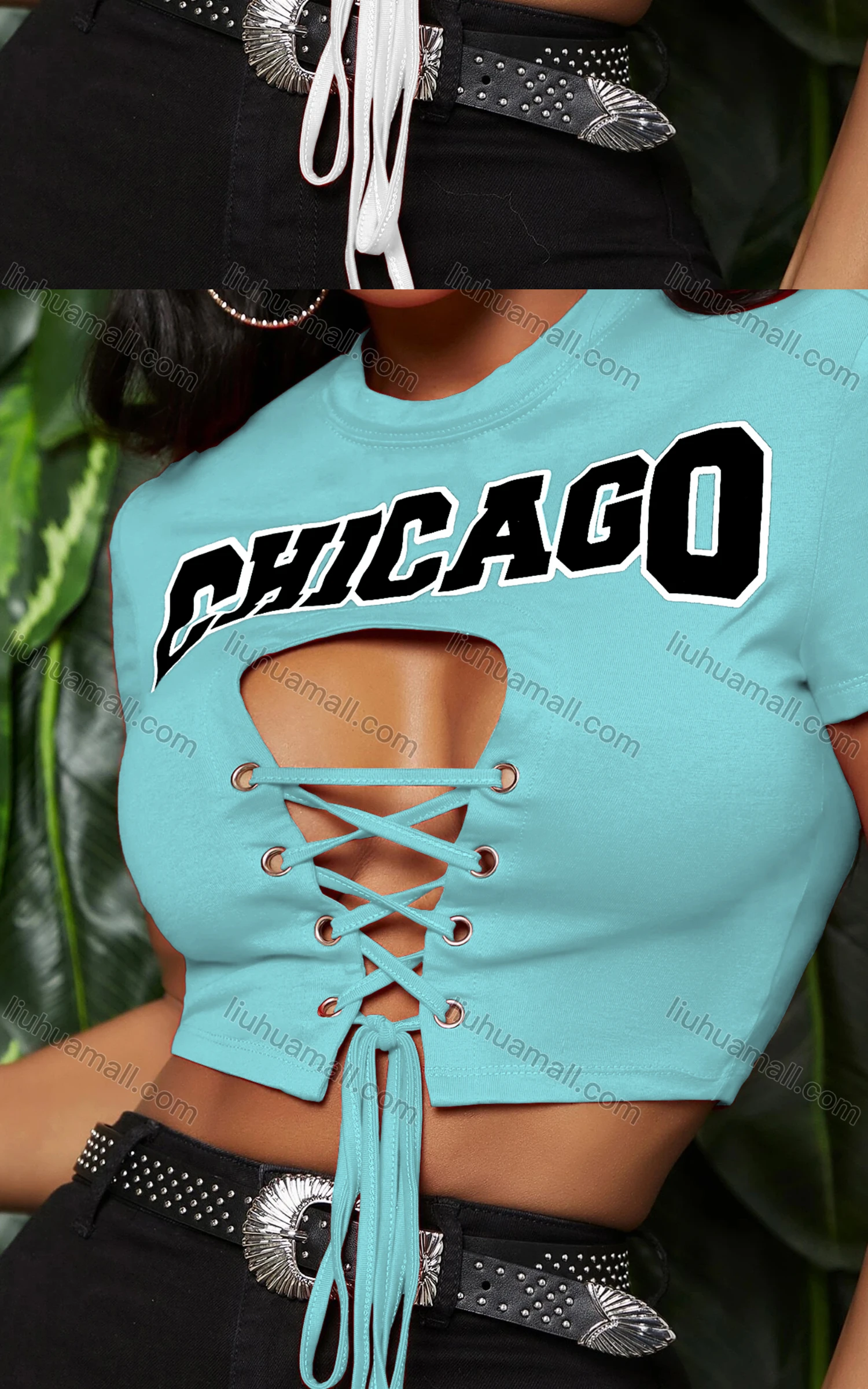 Wholesale Women's Sexy Crew Neck Criss Cross Lace Up Cutout Crop Top - Liuhuamall