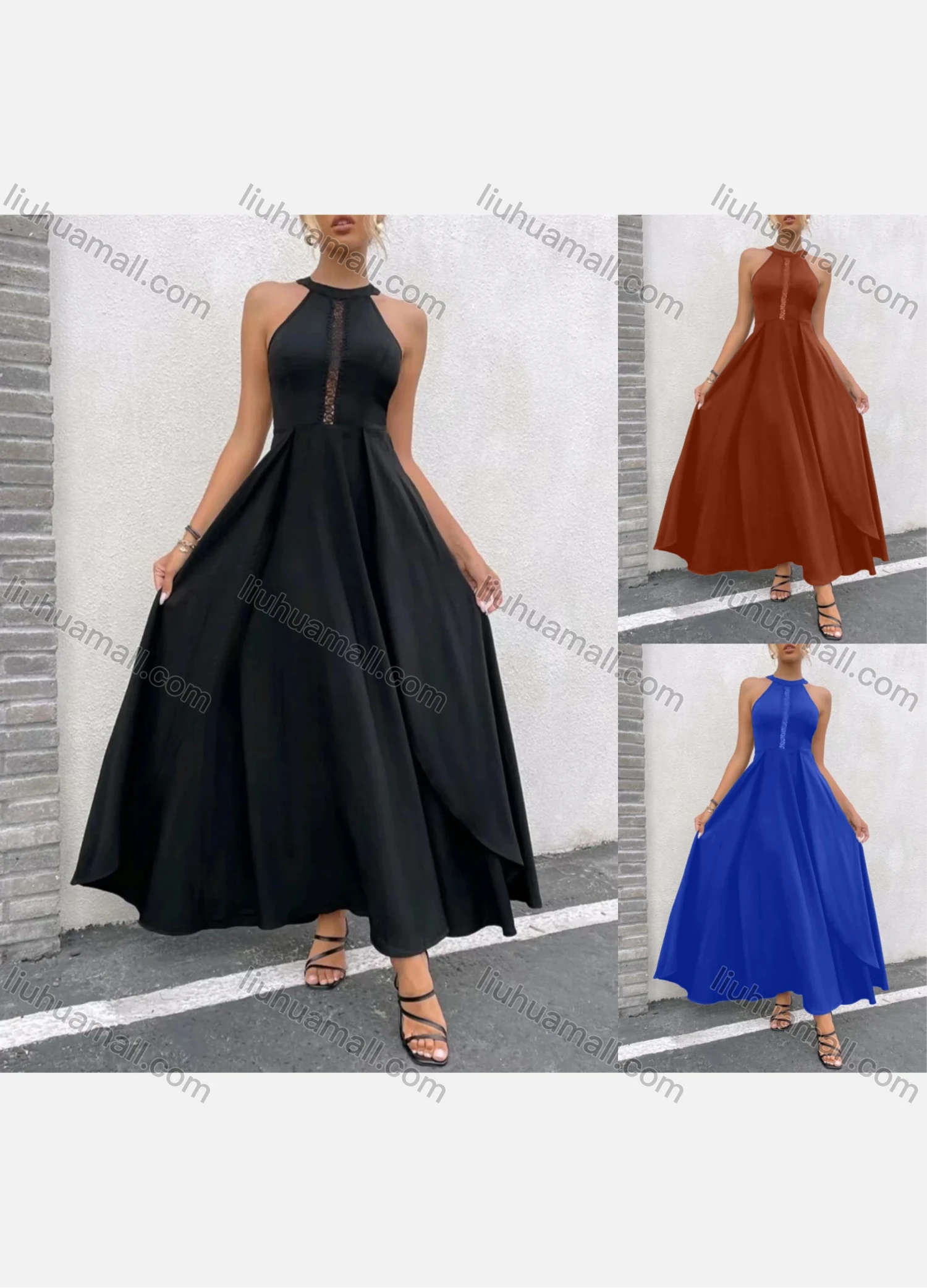 Wholesale Women's Laec Hollow Out Side Split Zip Back Halter Maxi Cocktail Dress - Liuhuamall