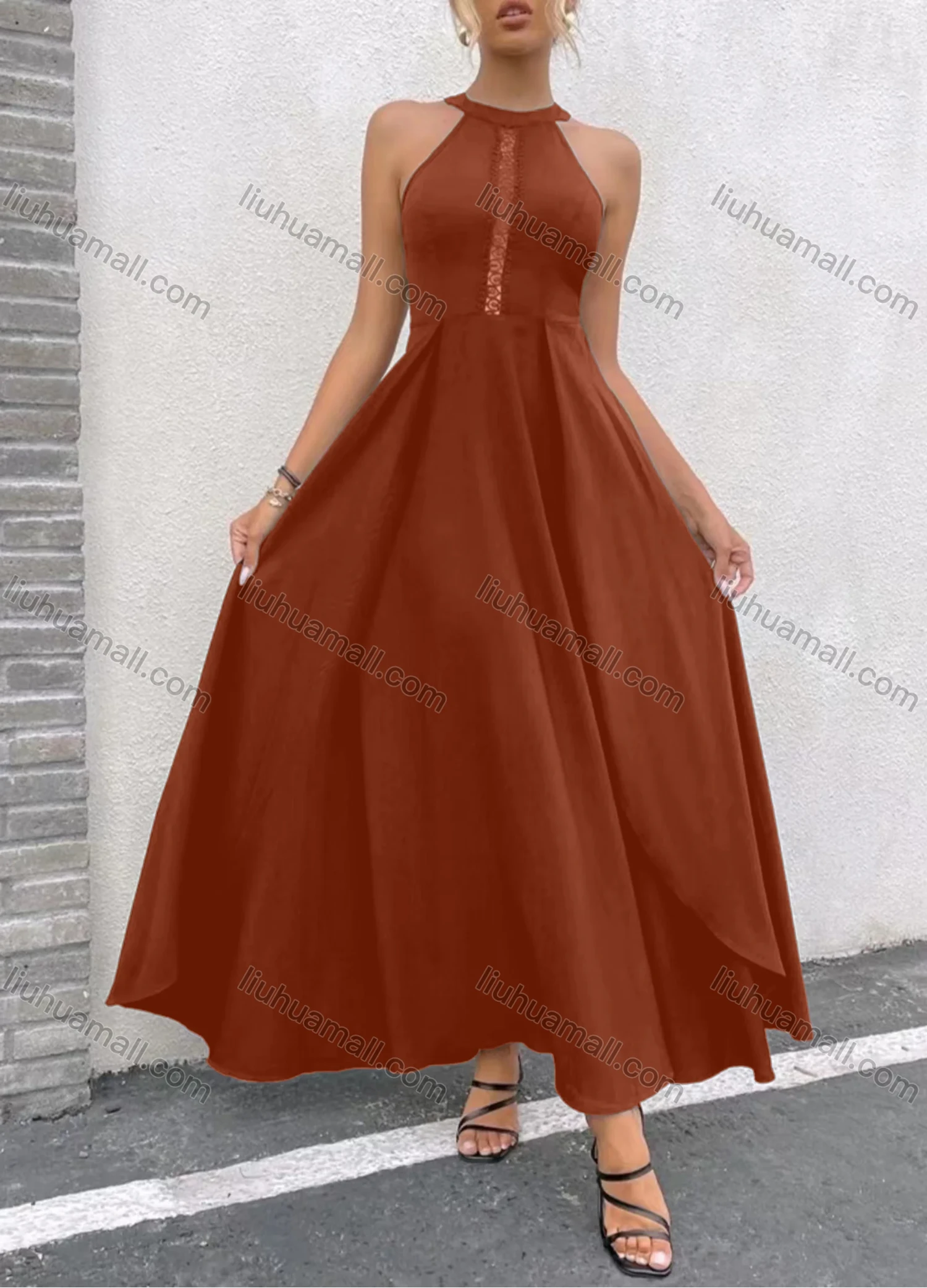 Wholesale Women's Laec Hollow Out Side Split Zip Back Halter Maxi Cocktail Dress - Liuhuamall