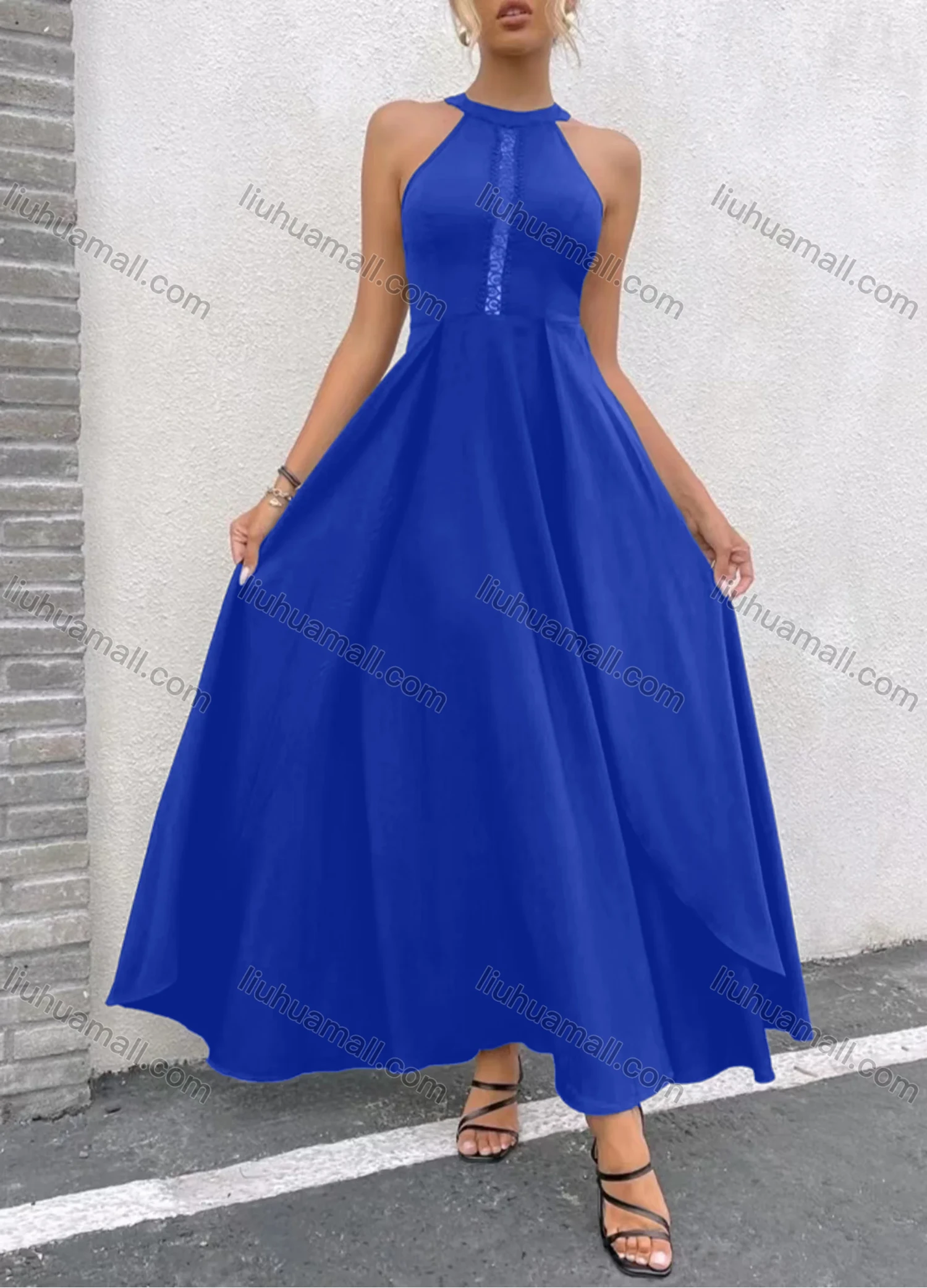 Wholesale Women's Laec Hollow Out Side Split Zip Back Halter Maxi Cocktail Dress - Liuhuamall