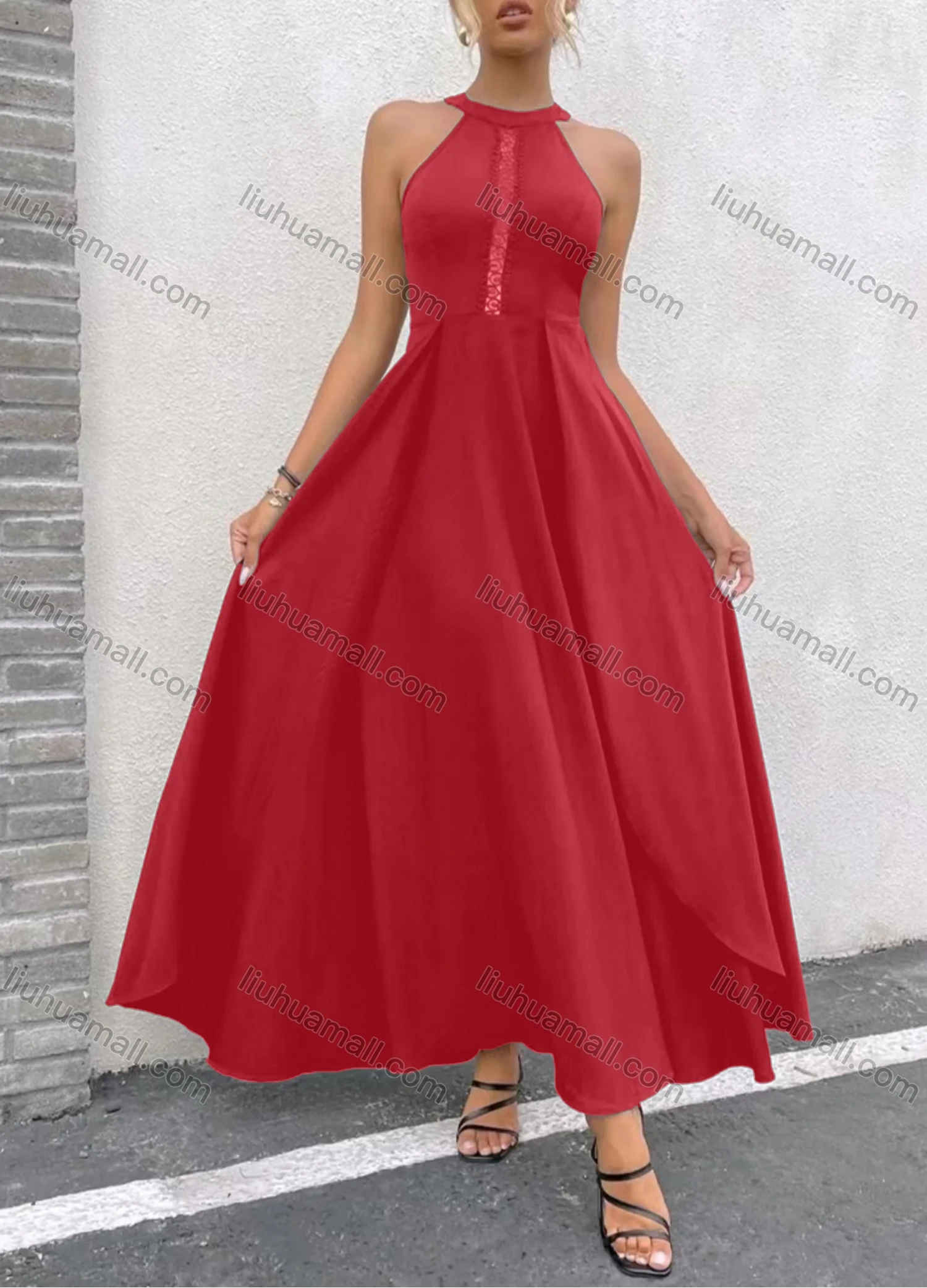 Wholesale Women's Laec Hollow Out Side Split Zip Back Halter Maxi Cocktail Dress - Liuhuamall