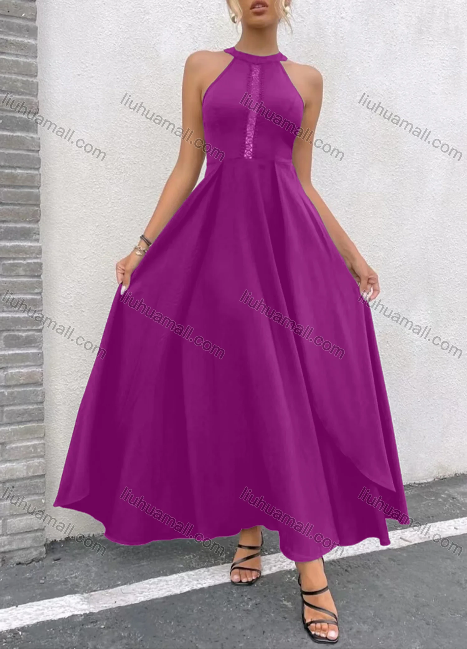 Wholesale Women's Laec Hollow Out Side Split Zip Back Halter Maxi Cocktail Dress - Liuhuamall