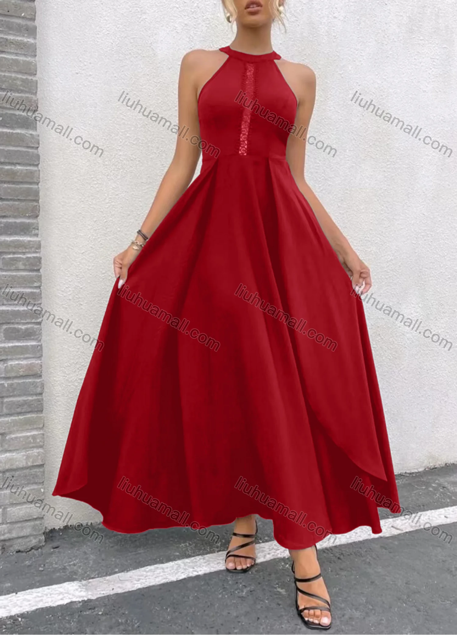 Wholesale Women's Laec Hollow Out Side Split Zip Back Halter Maxi Cocktail Dress - Liuhuamall