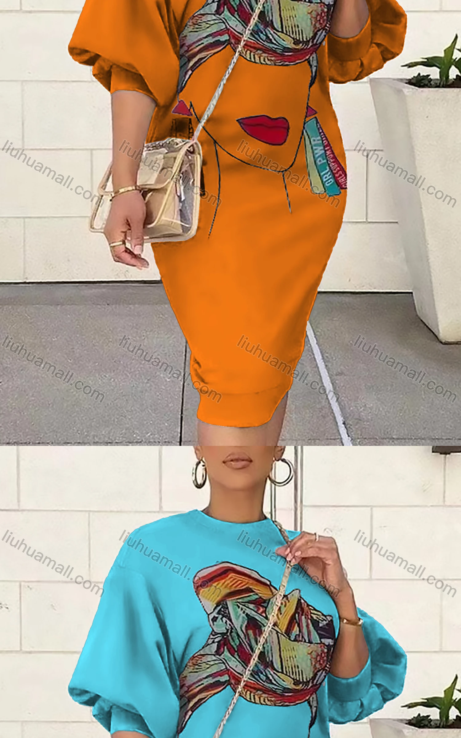 Wholesale Women's Casual Crew Neck Long Sleeve Graphic Dress - Liuhuamall