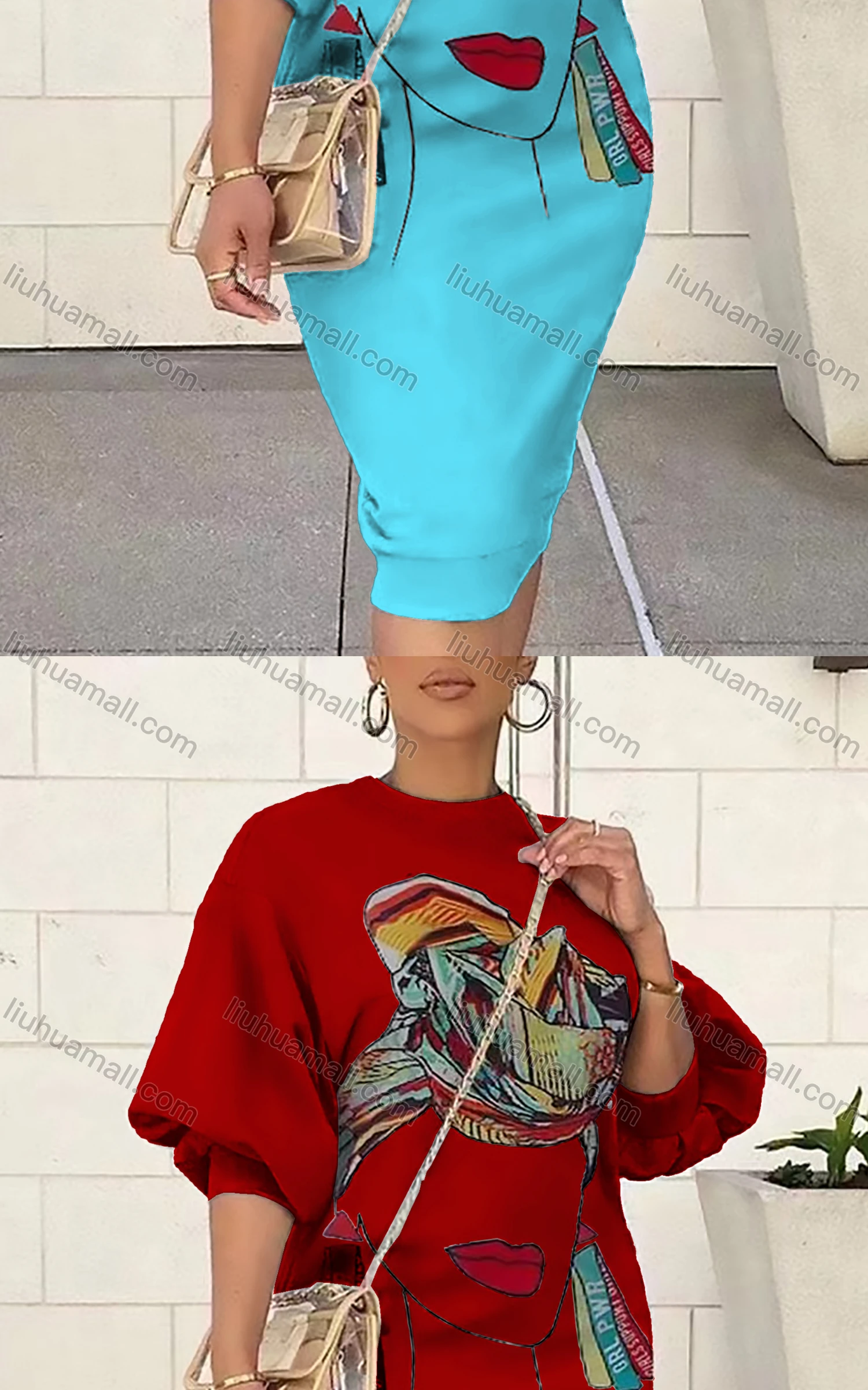 Wholesale Women's Casual Crew Neck Long Sleeve Graphic Dress - Liuhuamall