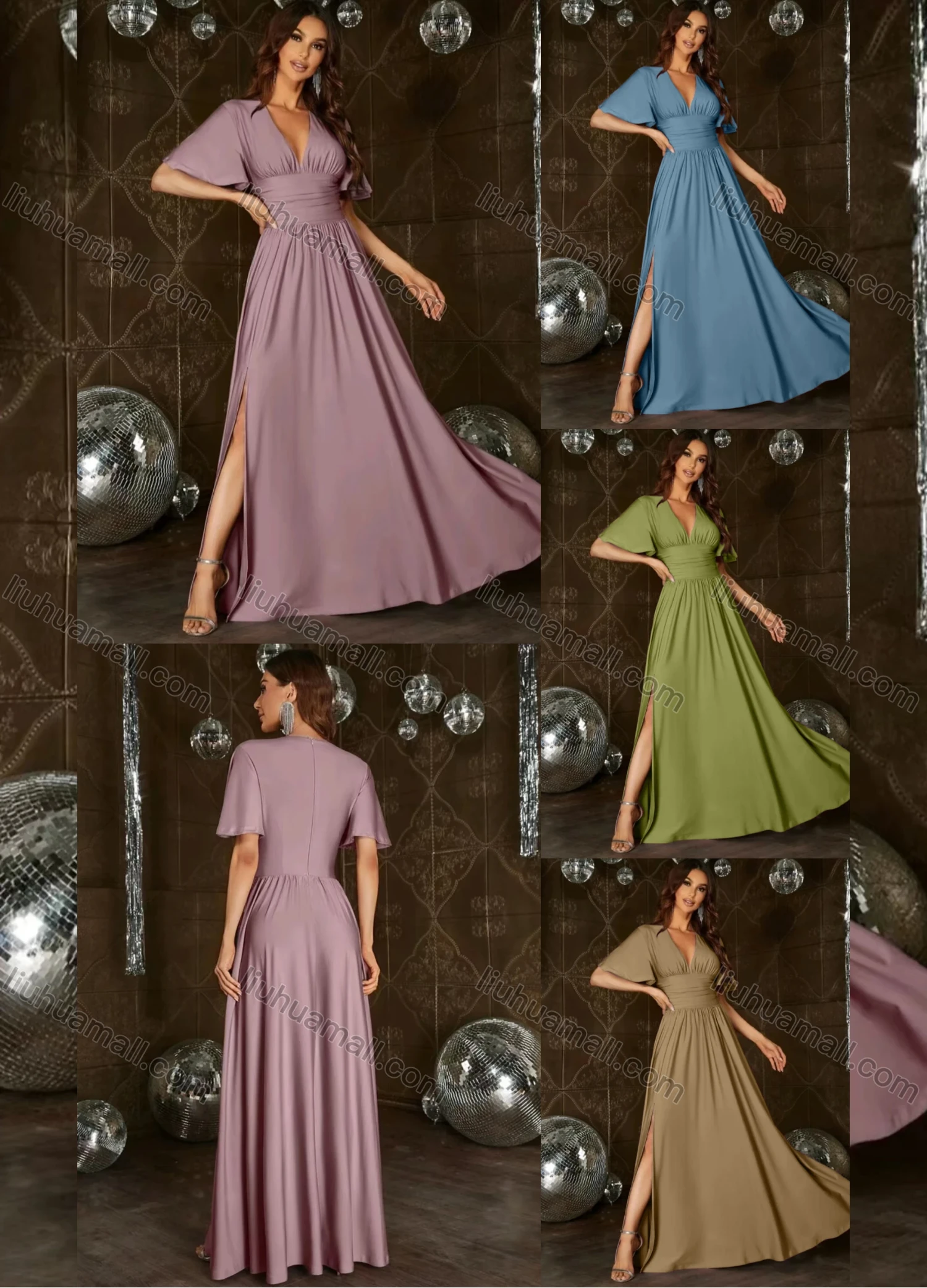 Wholesale Women's Plain Wrap V Neck Ruched Batwing Sleeve Split Side Cocktail Maxi Dress - Liuhuamall