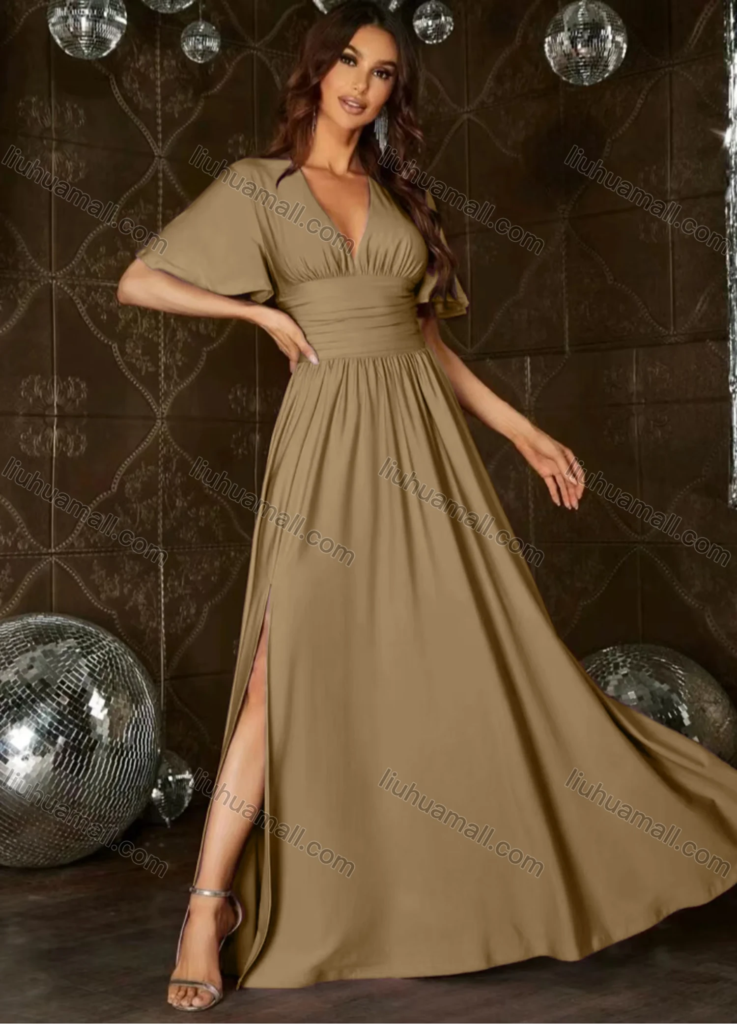 Wholesale Women's Plain Wrap V Neck Ruched Batwing Sleeve Split Side Cocktail Maxi Dress - Liuhuamall