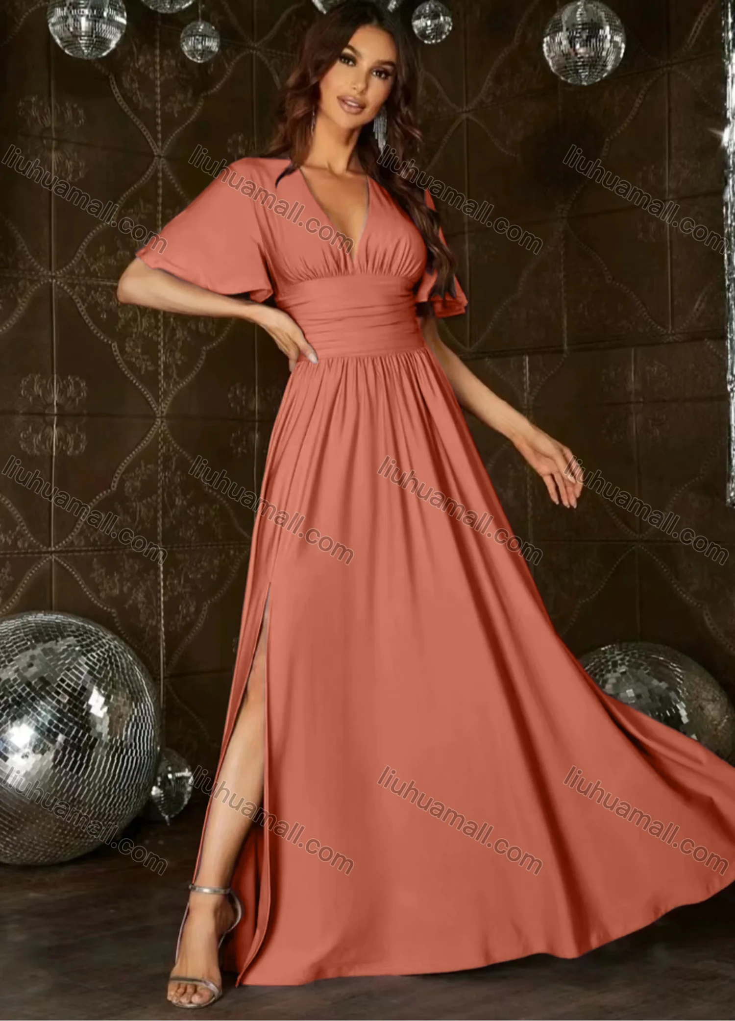 Wholesale Women's Plain Wrap V Neck Ruched Batwing Sleeve Split Side Cocktail Maxi Dress - Liuhuamall