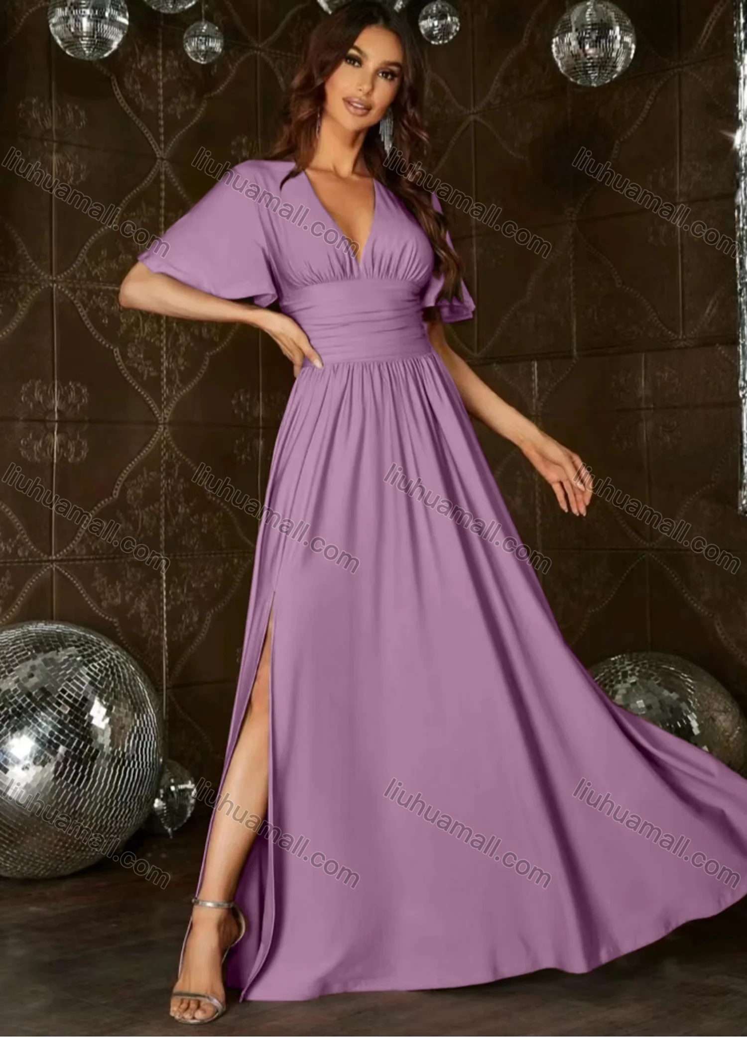 Wholesale Women's Plain Wrap V Neck Ruched Batwing Sleeve Split Side Cocktail Maxi Dress - Liuhuamall