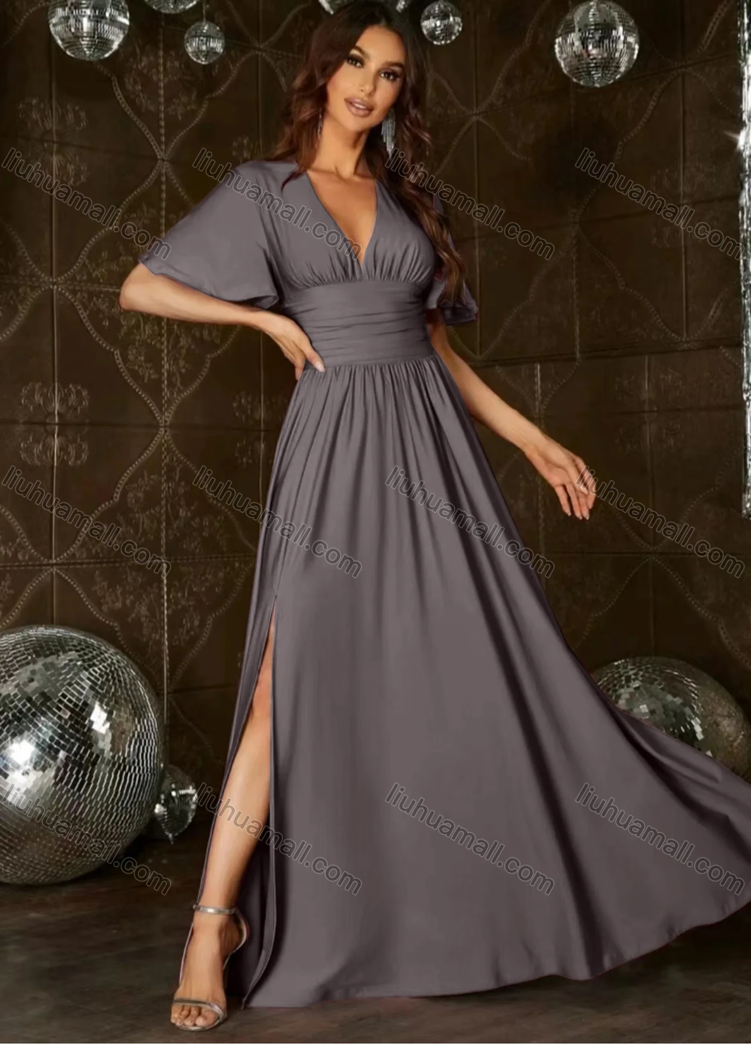 Wholesale Women's Plain Wrap V Neck Ruched Batwing Sleeve Split Side Cocktail Maxi Dress - Liuhuamall