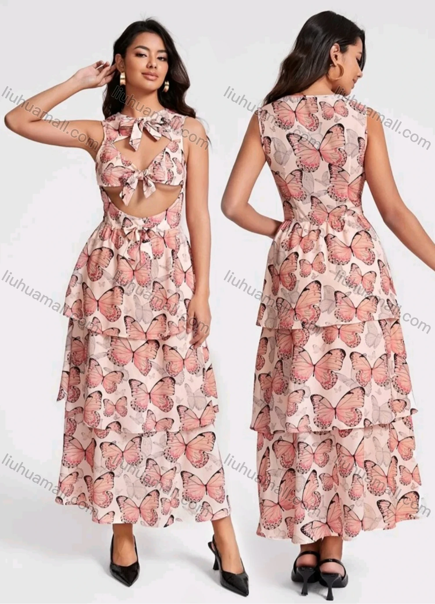 Wholesale Women's Sexy Butterfly Print Cut Out Bow Knot Tie Layered Ruffle hem Maxi Tank Dress - Liuhuamall