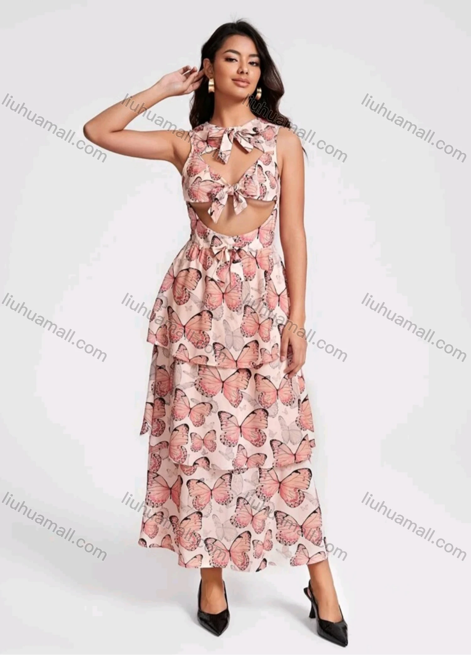 Wholesale Women's Sexy Butterfly Print Cut Out Bow Knot Tie Layered Ruffle hem Maxi Tank Dress - Liuhuamall