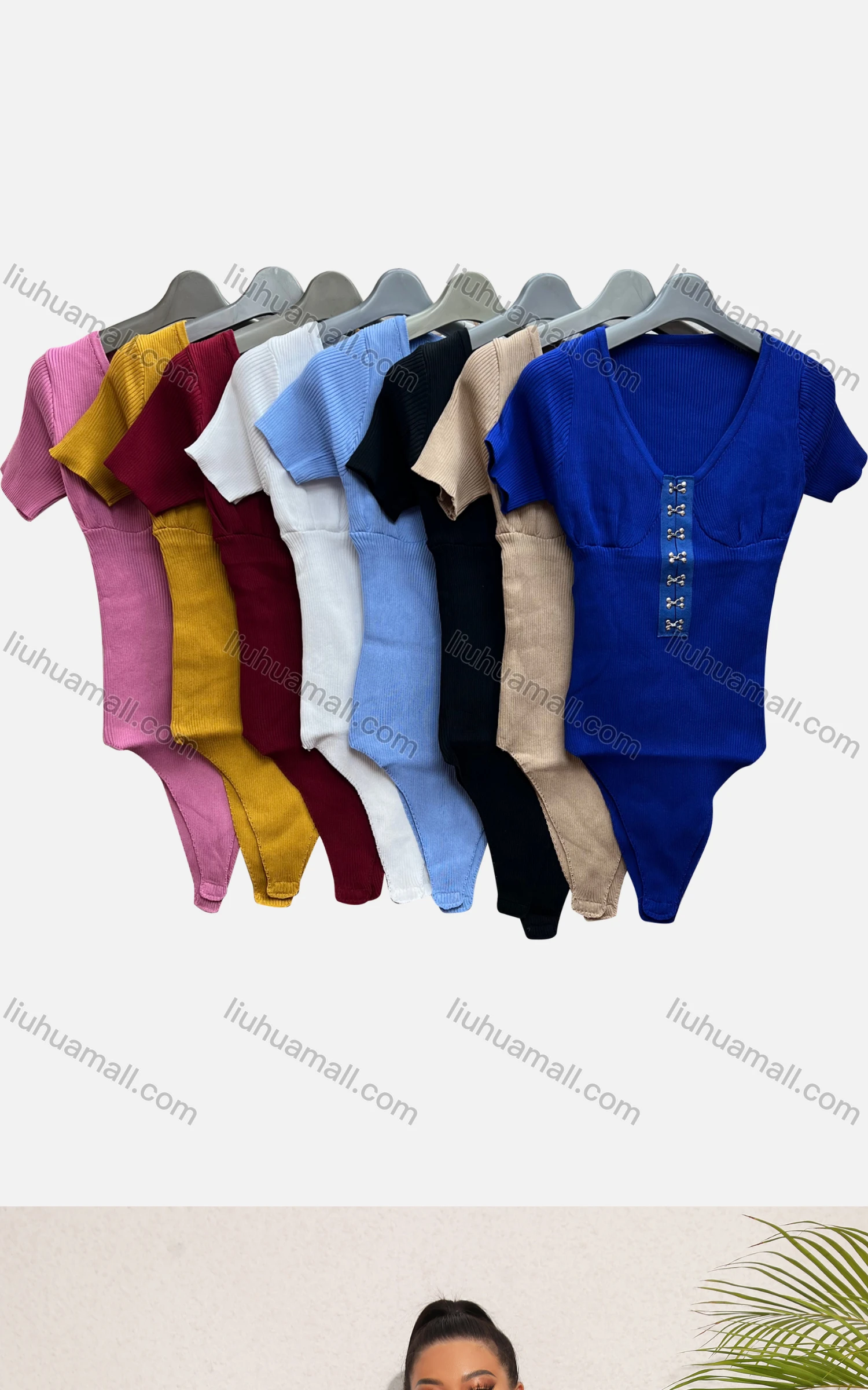 Wholesale Women's Sexy Scoop Neck Short Sleeve Skinny Fit Buckle Bodysuit - Liuhuamall