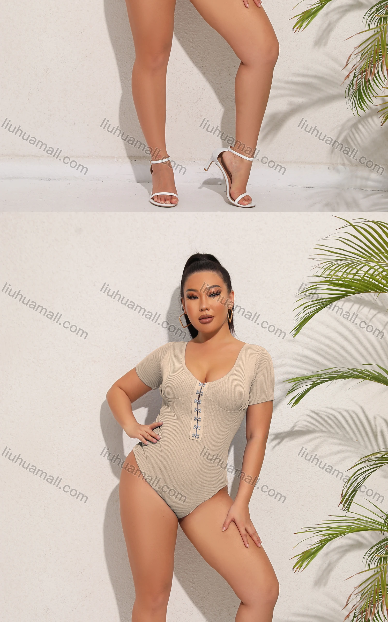 Wholesale Women's Sexy Scoop Neck Short Sleeve Skinny Fit Buckle Bodysuit - Liuhuamall