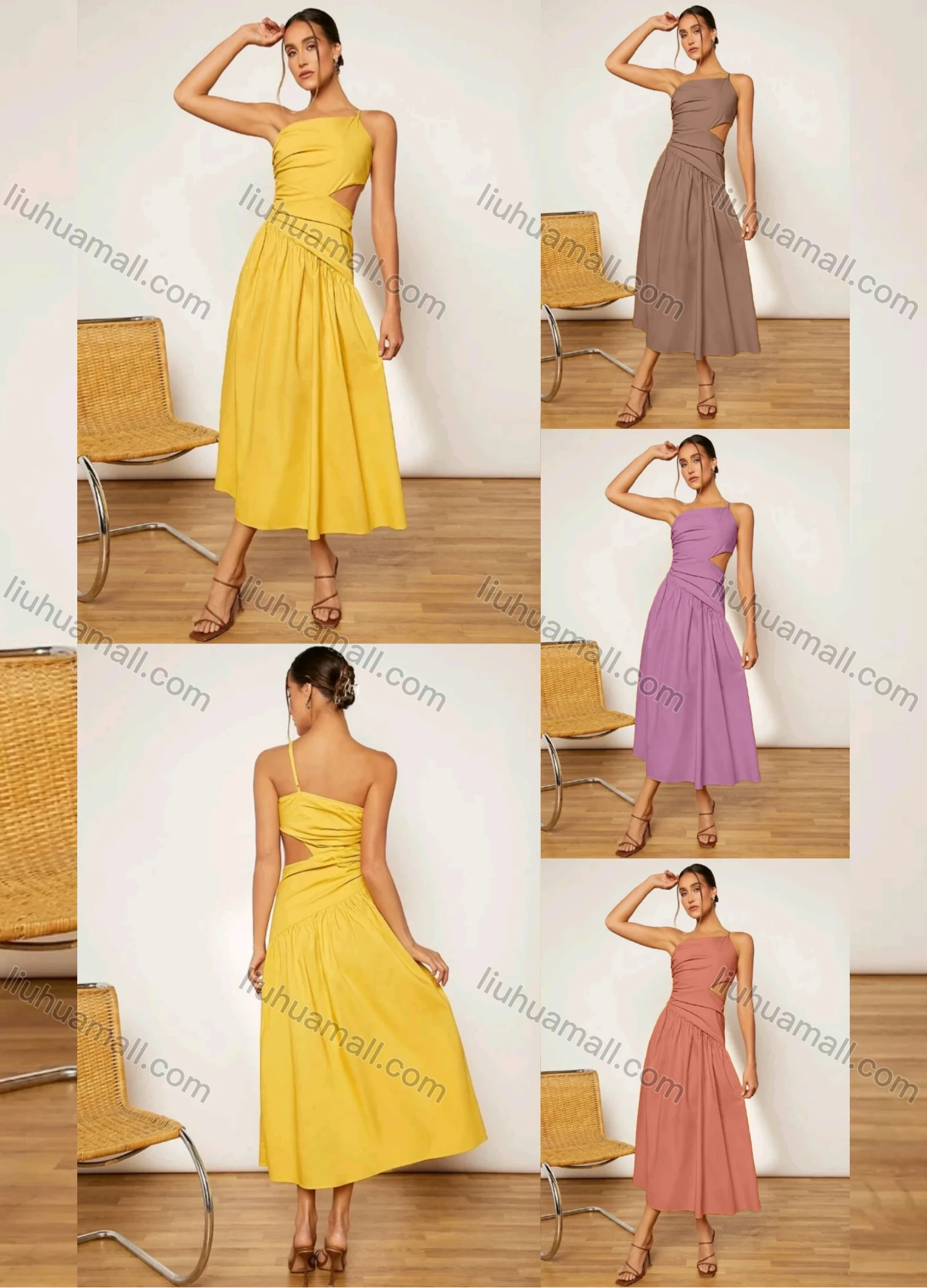 Wholesale Women's Plain Single Spaghetti Straps Ruched Cut Out High Waist Maxi Cami Dress - Liuhuamall