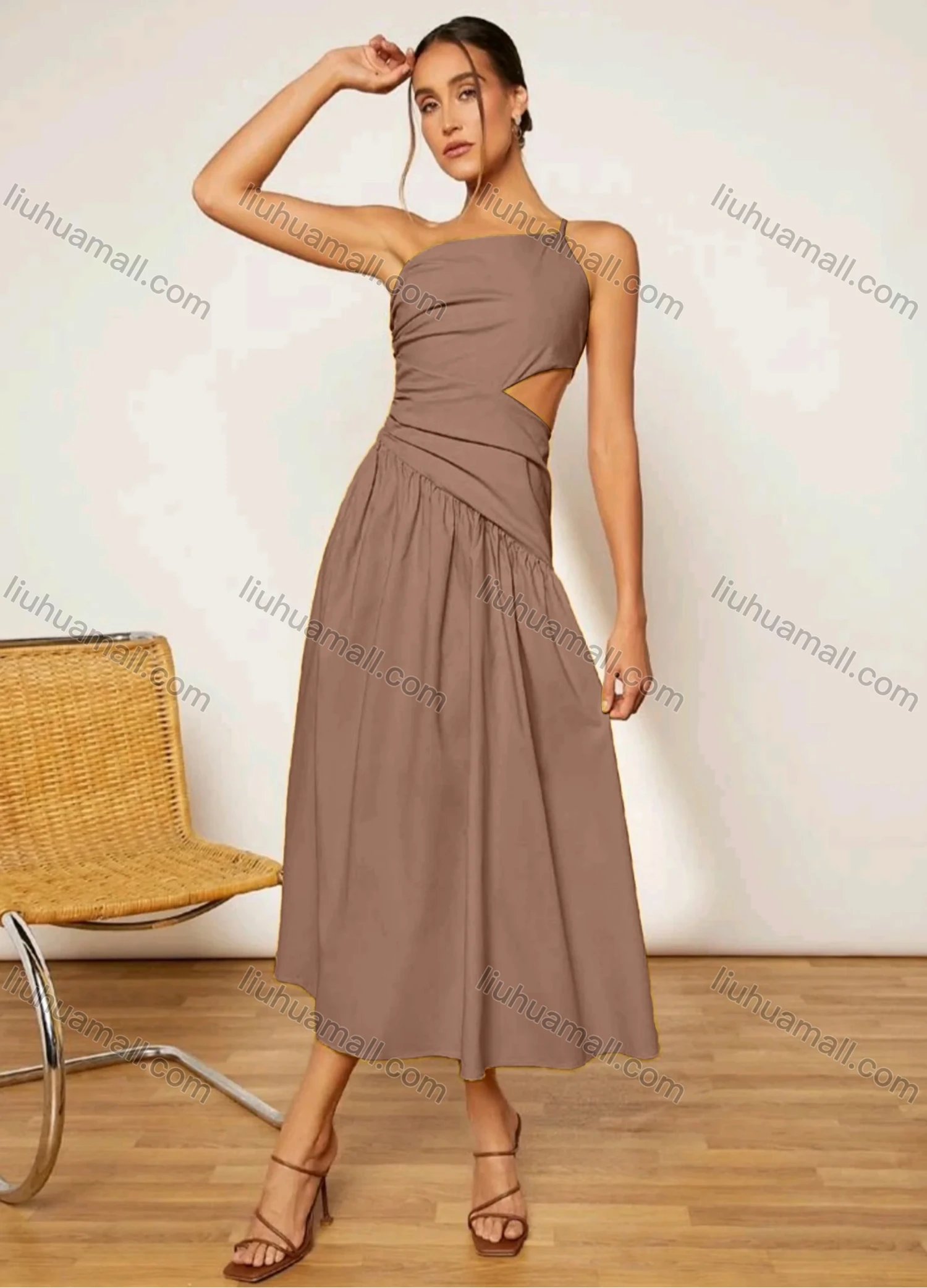 Wholesale Women's Plain Single Spaghetti Straps Ruched Cut Out High Waist Maxi Cami Dress - Liuhuamall