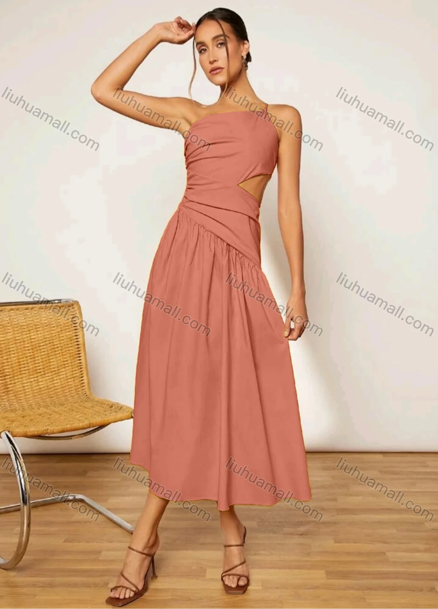 Wholesale Women's Plain Single Spaghetti Straps Ruched Cut Out High Waist Maxi Cami Dress - Liuhuamall