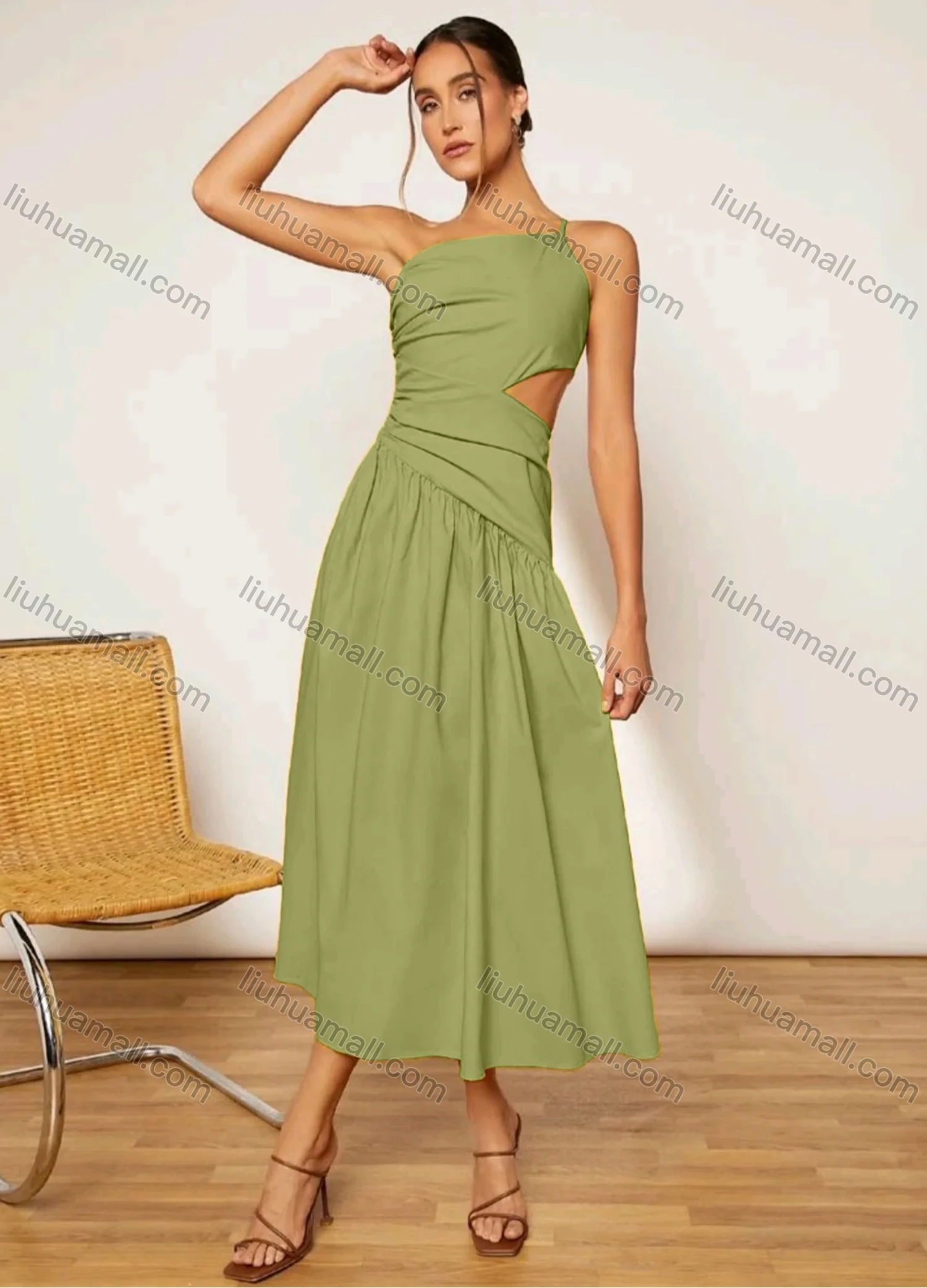 Wholesale Women's Plain Single Spaghetti Straps Ruched Cut Out High Waist Maxi Cami Dress - Liuhuamall