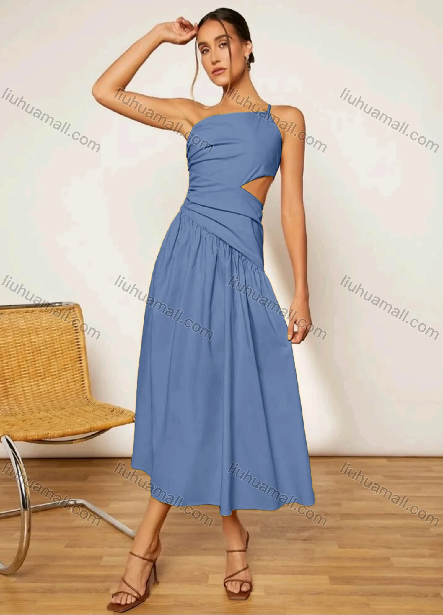 Wholesale Women's Plain Single Spaghetti Straps Ruched Cut Out High Waist Maxi Cami Dress - Liuhuamall