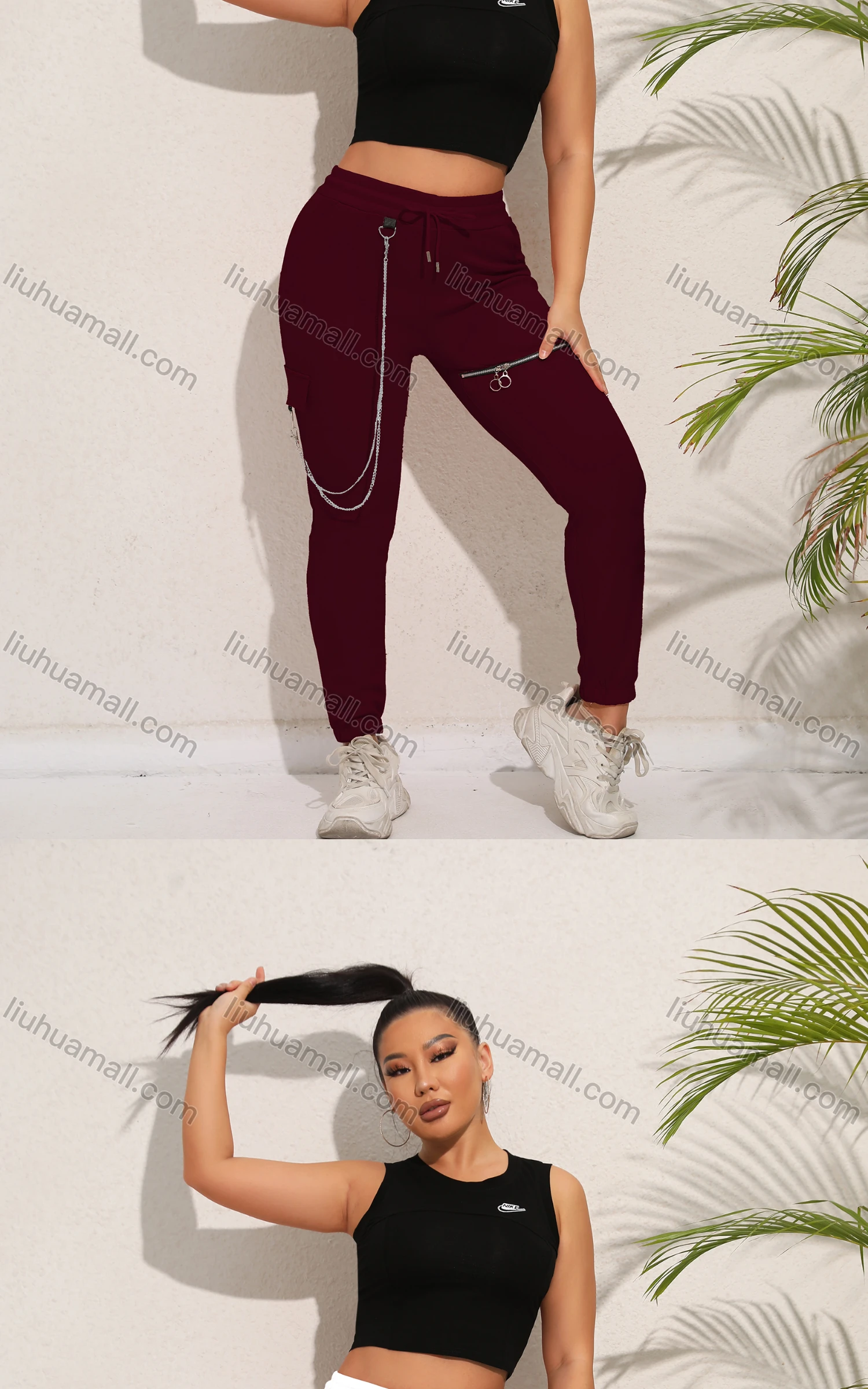 Wholesale Women's Casual Plain Chain Decro Drawstring Zip Sweatpants - Liuhuamall