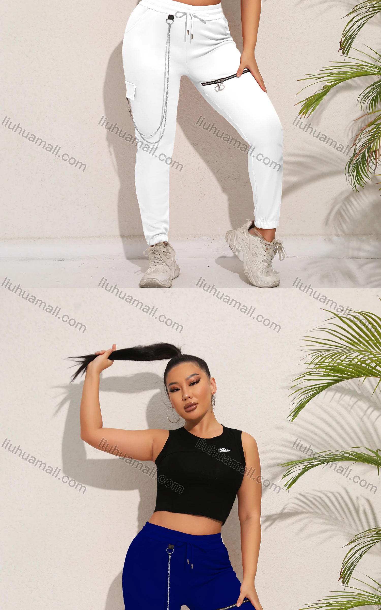 Wholesale Women's Casual Plain Chain Decro Drawstring Zip Sweatpants - Liuhuamall