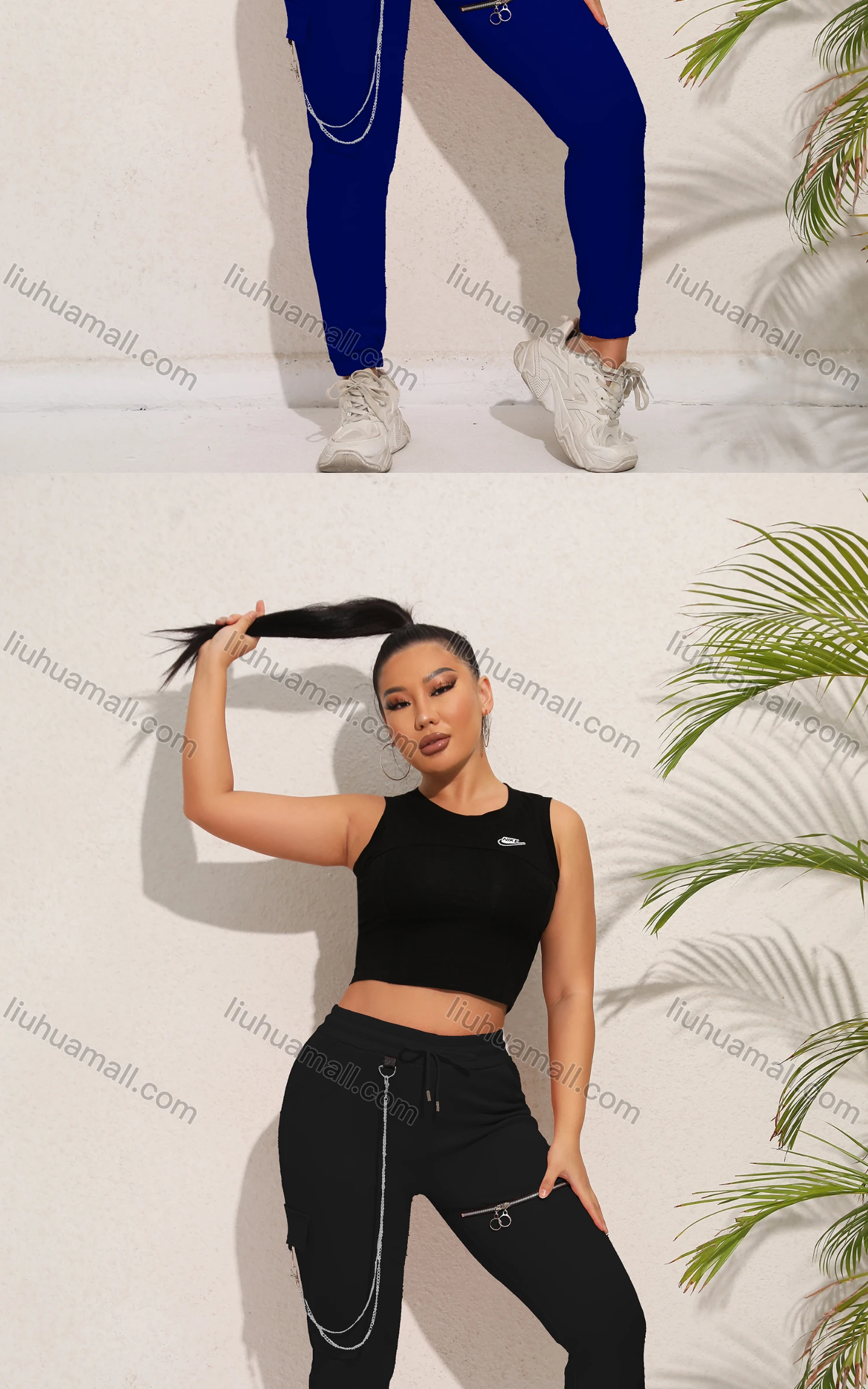 Wholesale Women's Casual Plain Chain Decro Drawstring Zip Sweatpants - Liuhuamall