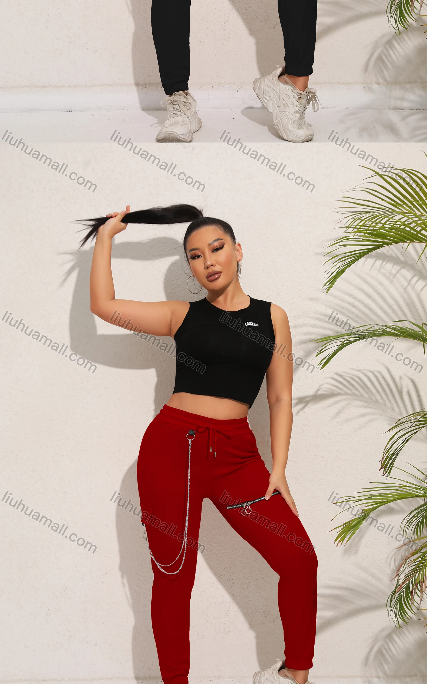 Wholesale Women's Casual Plain Chain Decro Drawstring Zip Sweatpants - Liuhuamall