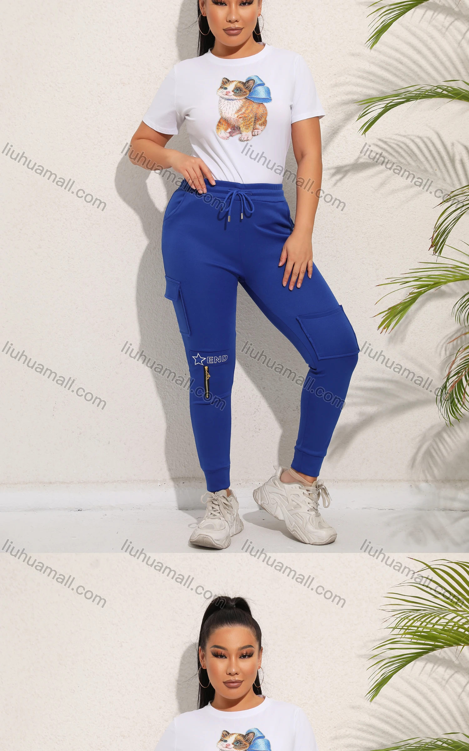 Wholesale Women's Casual Plain Pockets Zip Drawstring Sweatpants - Liuhuamall