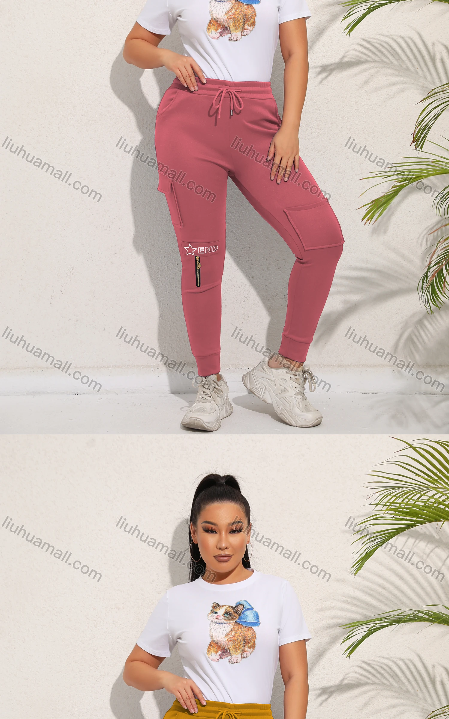 Wholesale Women's Casual Plain Pockets Zip Drawstring Sweatpants - Liuhuamall