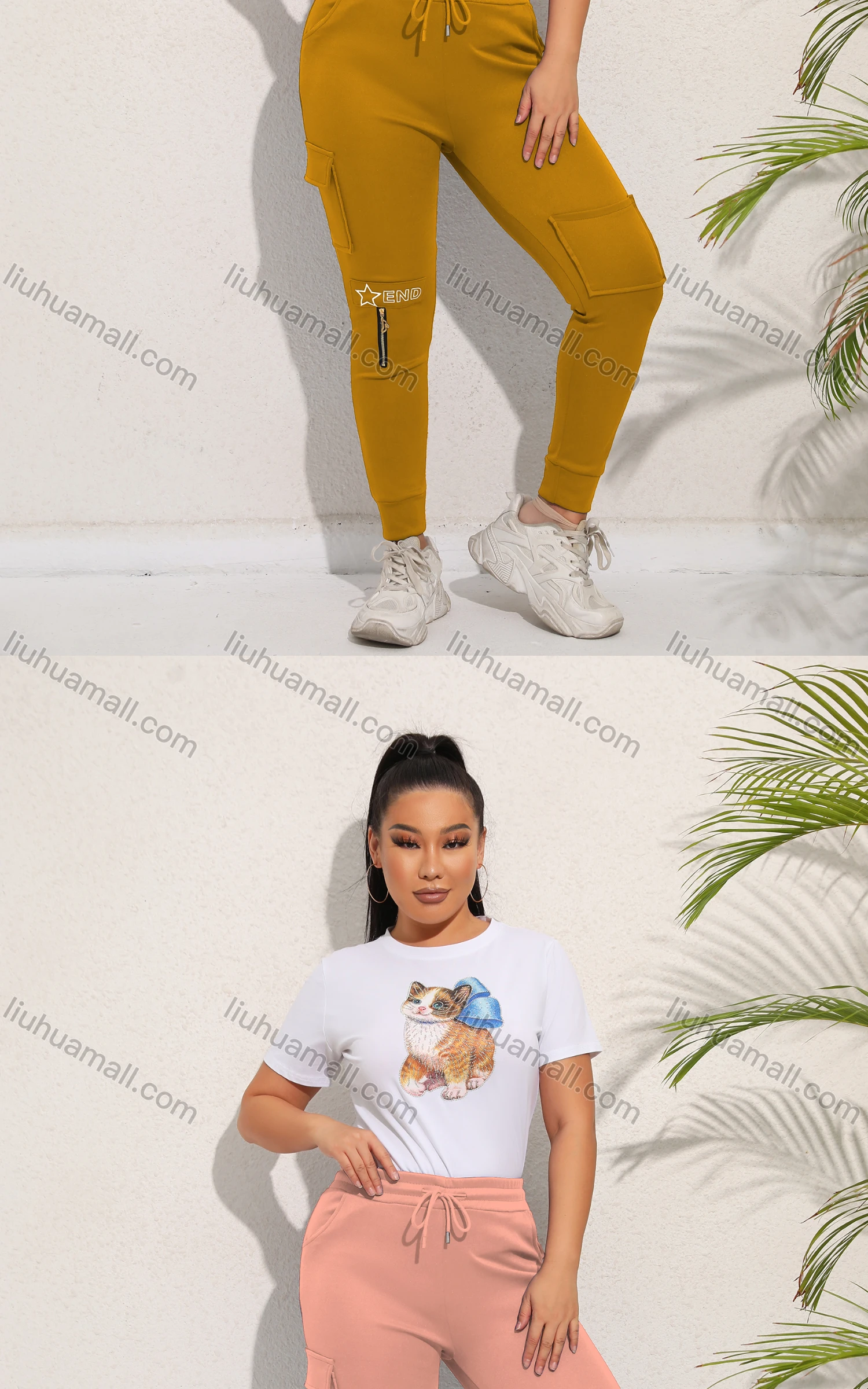 Wholesale Women's Casual Plain Pockets Zip Drawstring Sweatpants - Liuhuamall