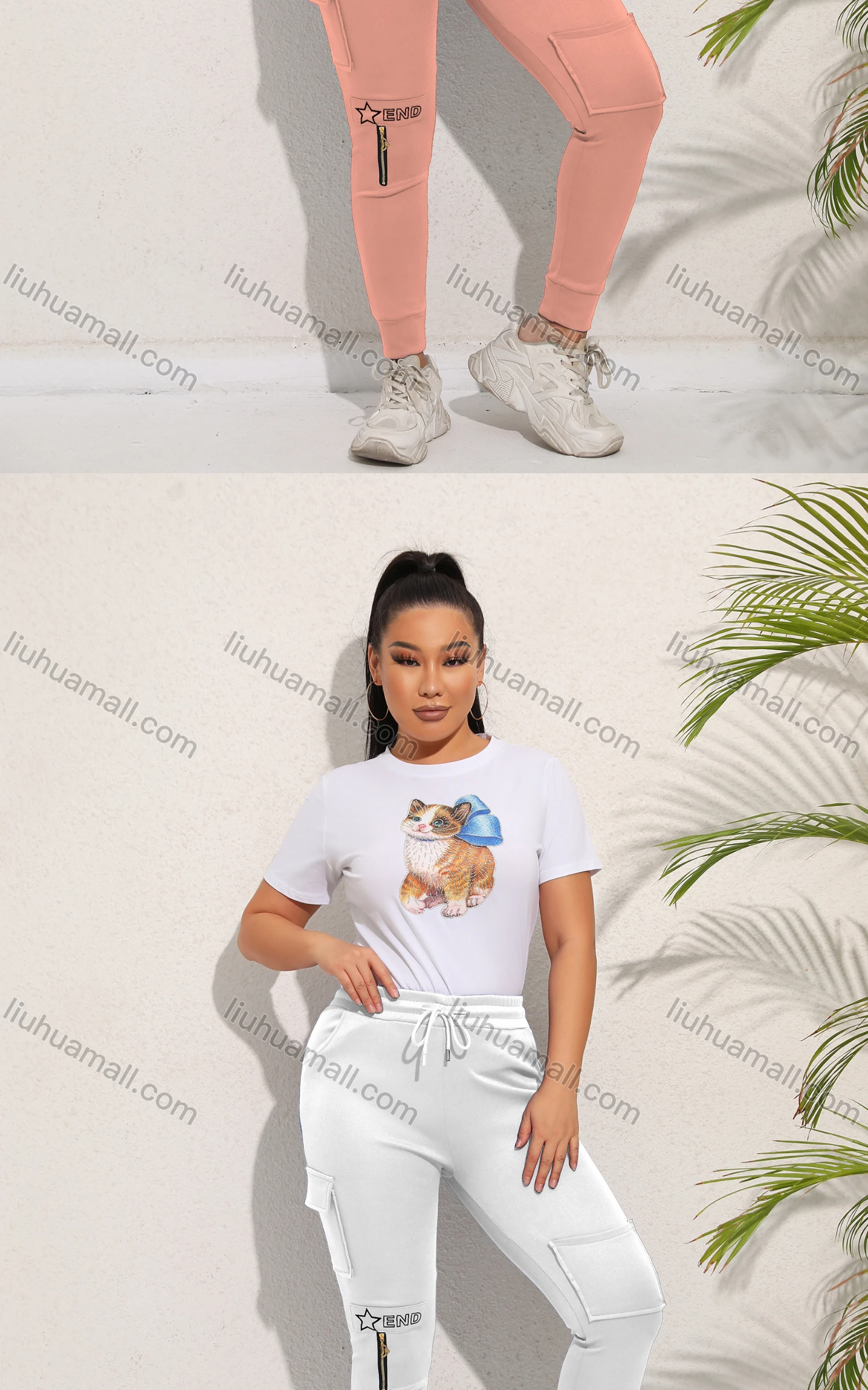 Wholesale Women's Casual Plain Pockets Zip Drawstring Sweatpants - Liuhuamall