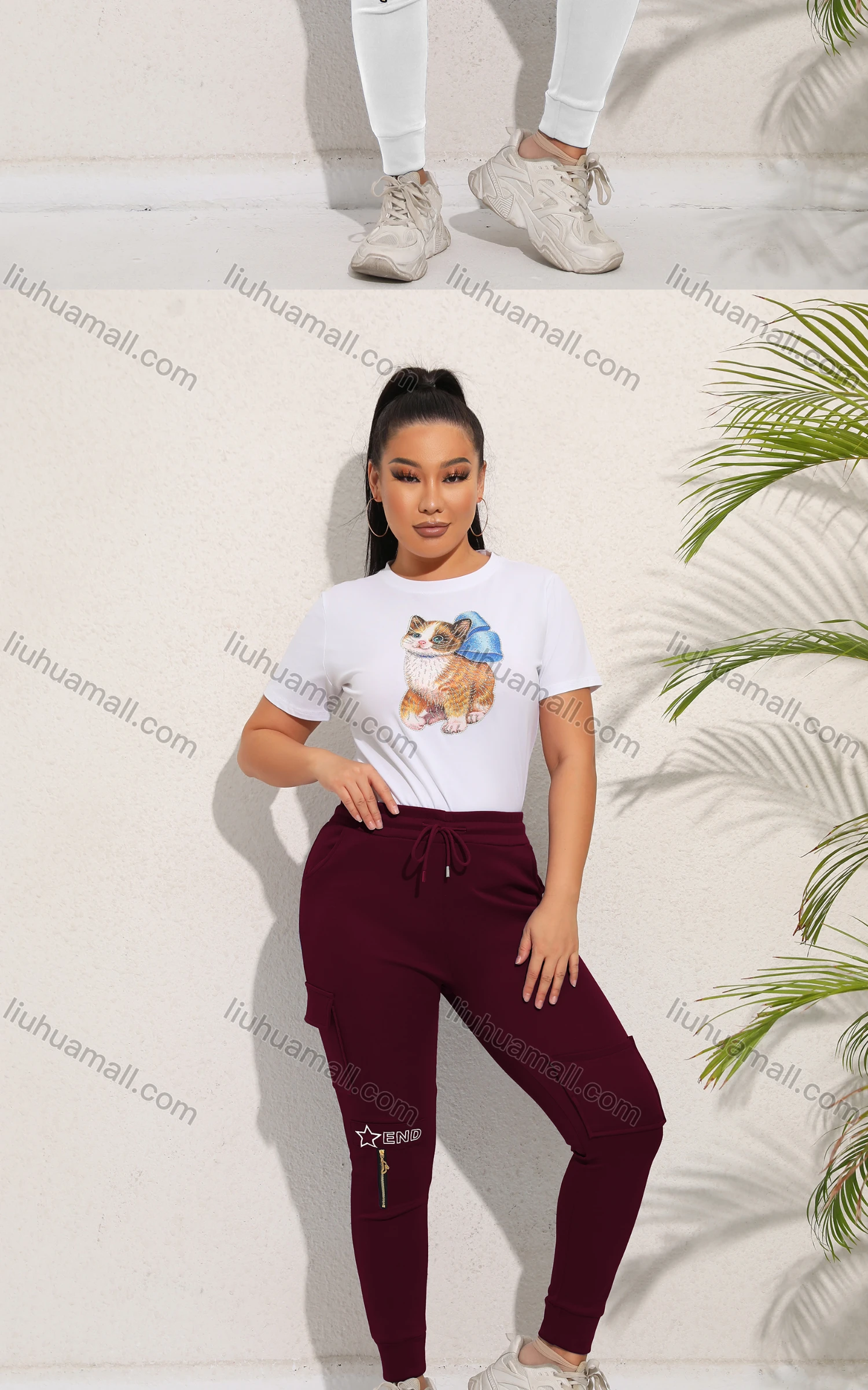 Wholesale Women's Casual Plain Pockets Zip Drawstring Sweatpants - Liuhuamall