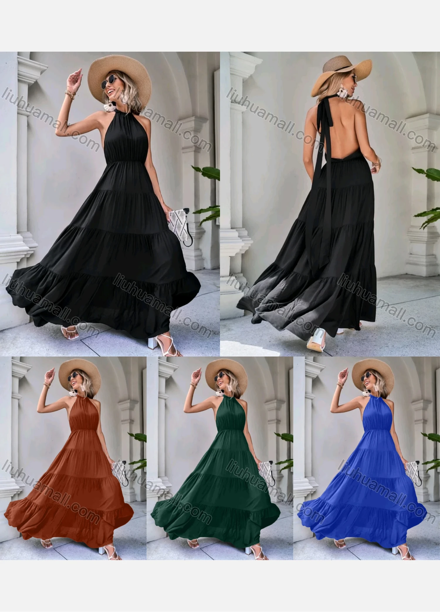 Wholesale Women's Elegant Plain Backless Ruched High Waist Ruffle Hem Maxi Halter Dress - Liuhuamall