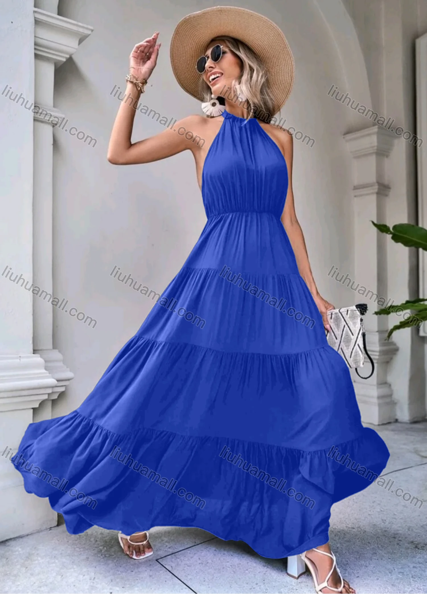 Wholesale Women's Elegant Plain Backless Ruched High Waist Ruffle Hem Maxi Halter Dress - Liuhuamall