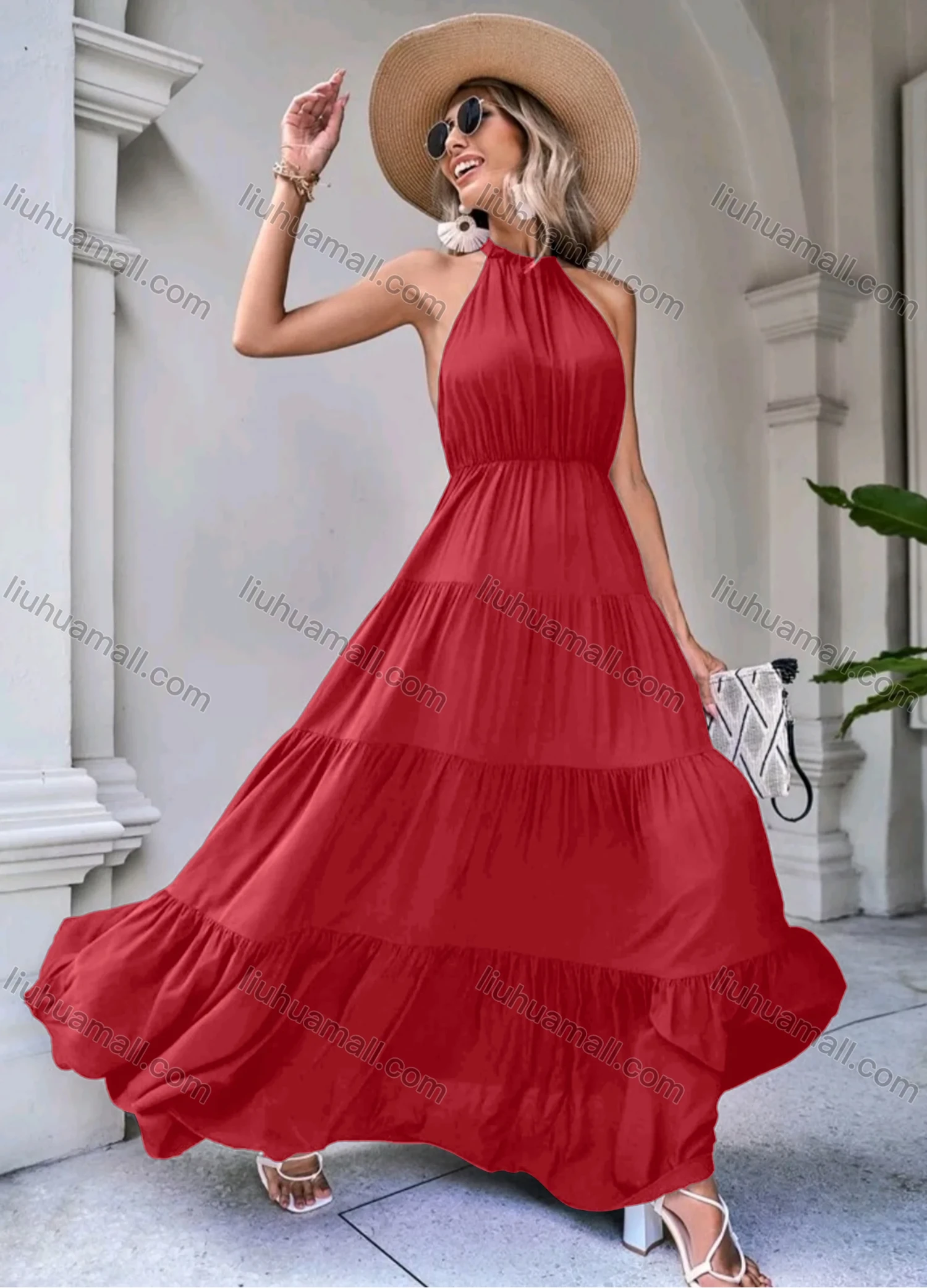 Wholesale Women's Elegant Plain Backless Ruched High Waist Ruffle Hem Maxi Halter Dress - Liuhuamall
