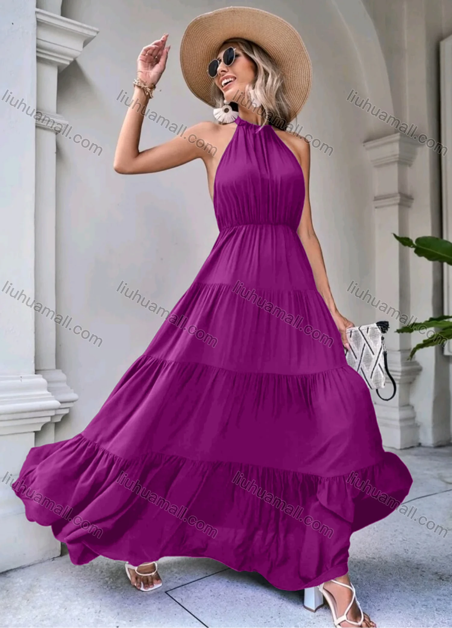 Wholesale Women's Elegant Plain Backless Ruched High Waist Ruffle Hem Maxi Halter Dress - Liuhuamall