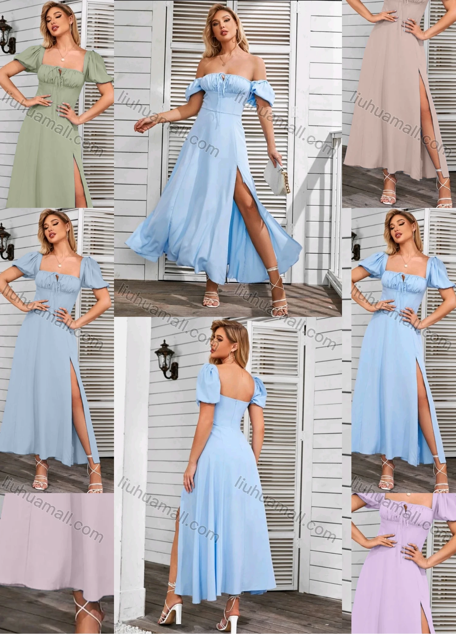 Wholesale Women' Casual Plain Lace Up Square Neck Puff Sleeve Split Side Ruffle Hem Maxi Dress - Liuhuamall