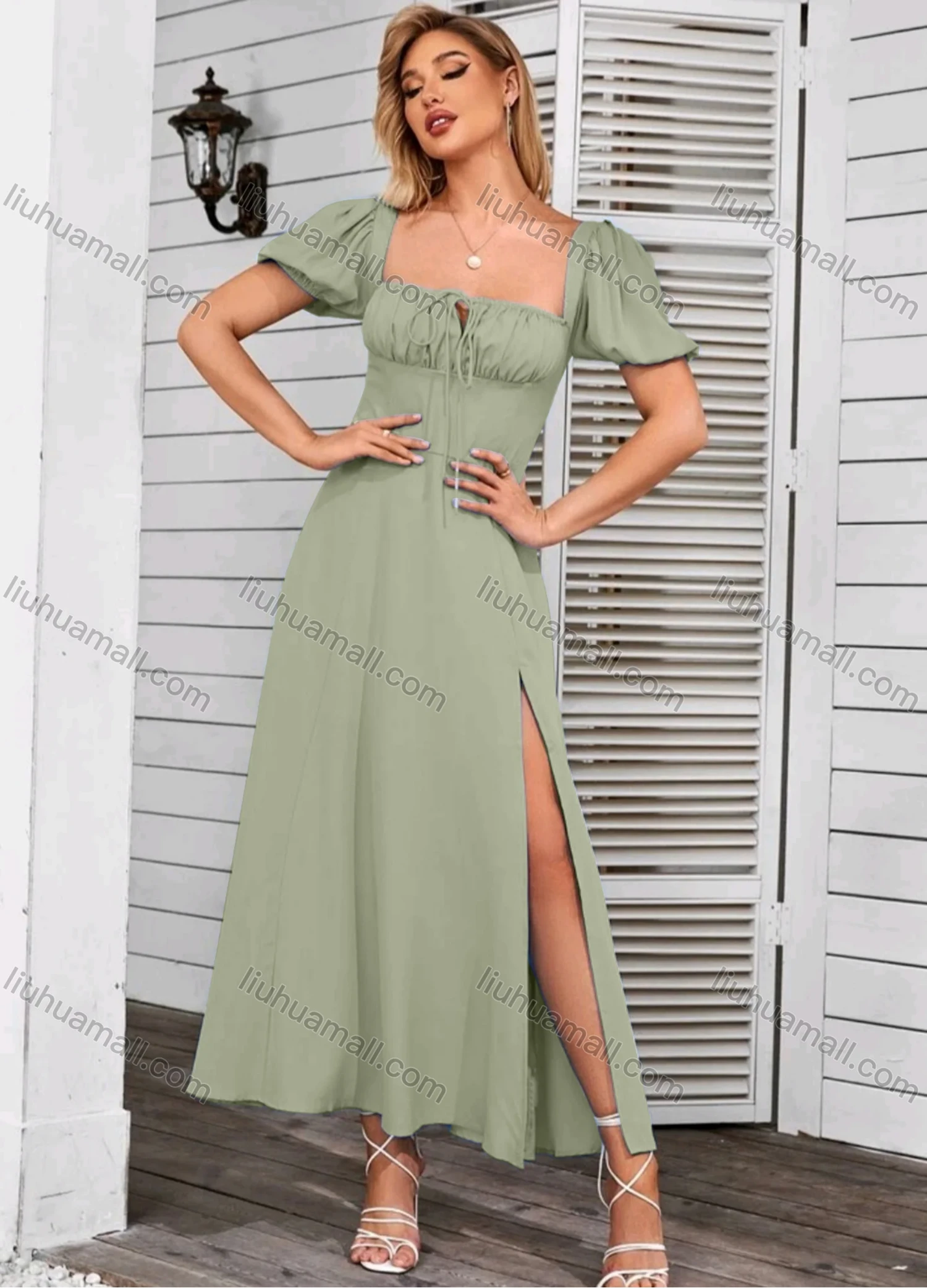 Wholesale Women' Casual Plain Lace Up Square Neck Puff Sleeve Split Side Ruffle Hem Maxi Dress - Liuhuamall