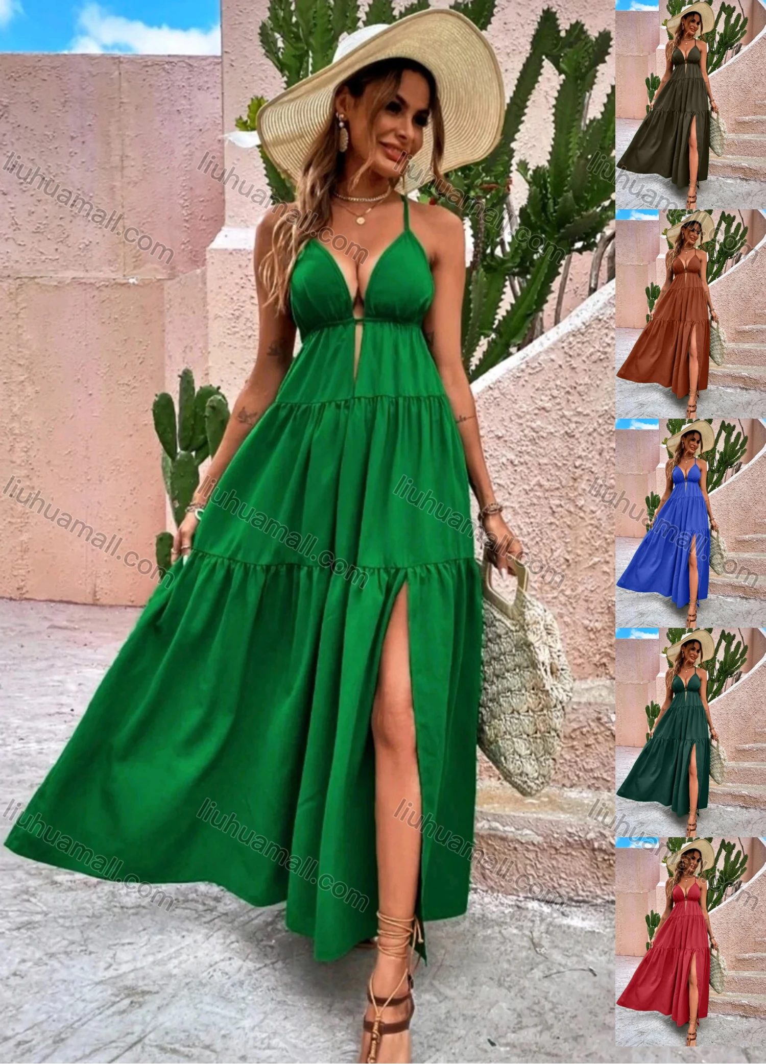 Wholesale Women's Sexy Plain Deep V Neck Spaghetti Straps Crisscross Back Split Side Maxi Cami Dress - Liuhuamall