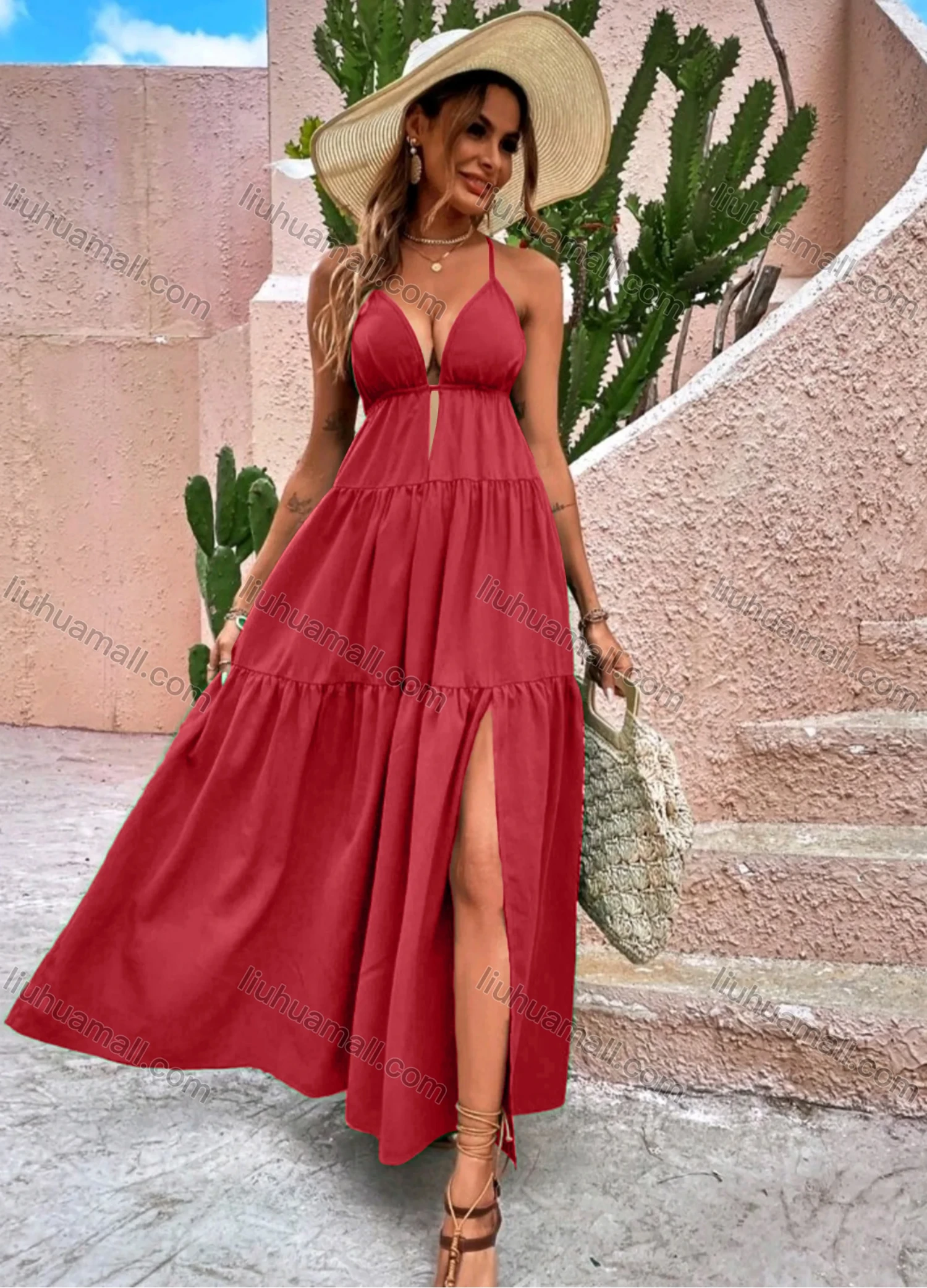Wholesale Women's Sexy Plain Deep V Neck Spaghetti Straps Crisscross Back Split Side Maxi Cami Dress - Liuhuamall