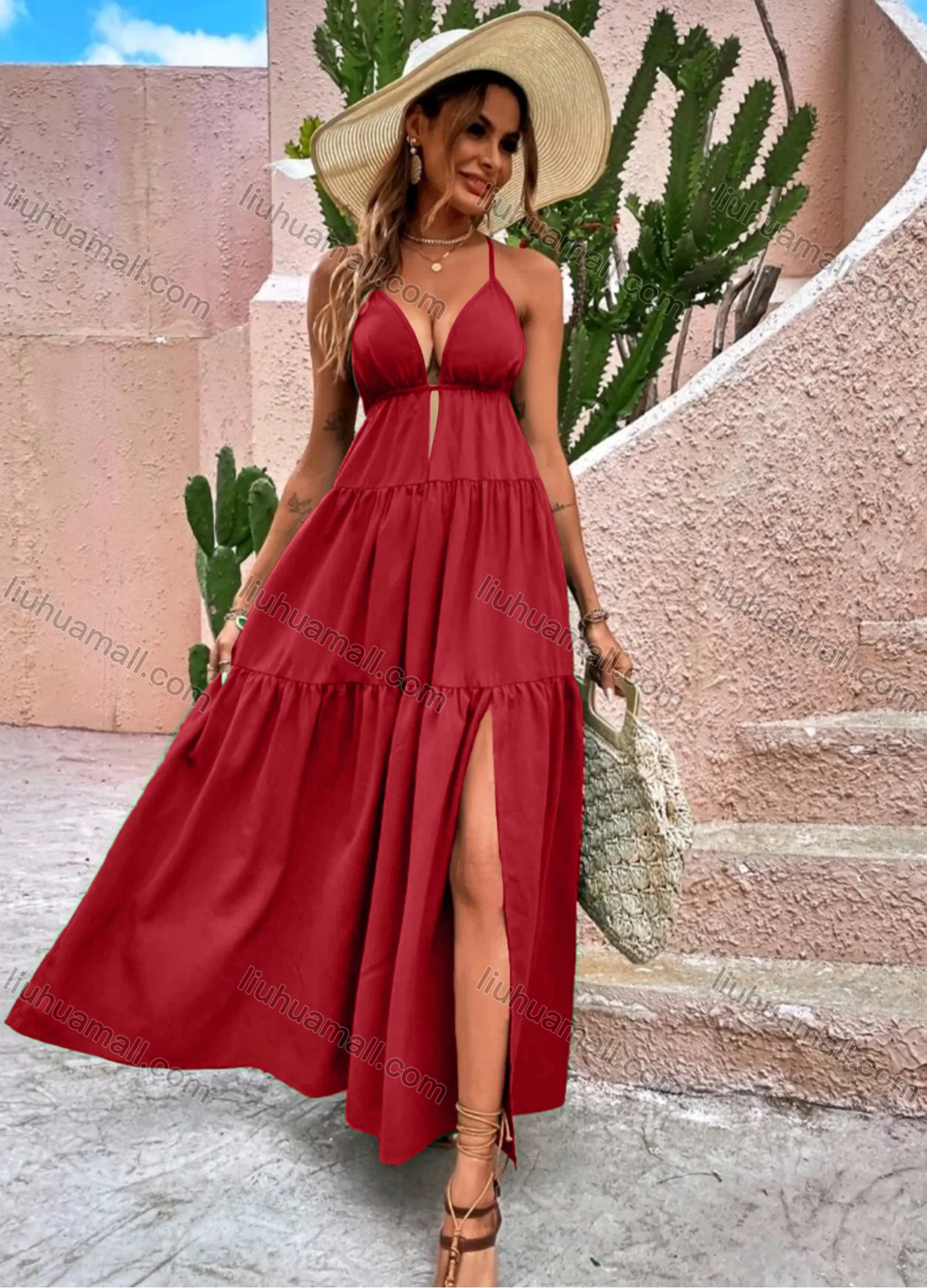 Wholesale Women's Sexy Plain Deep V Neck Spaghetti Straps Crisscross Back Split Side Maxi Cami Dress - Liuhuamall