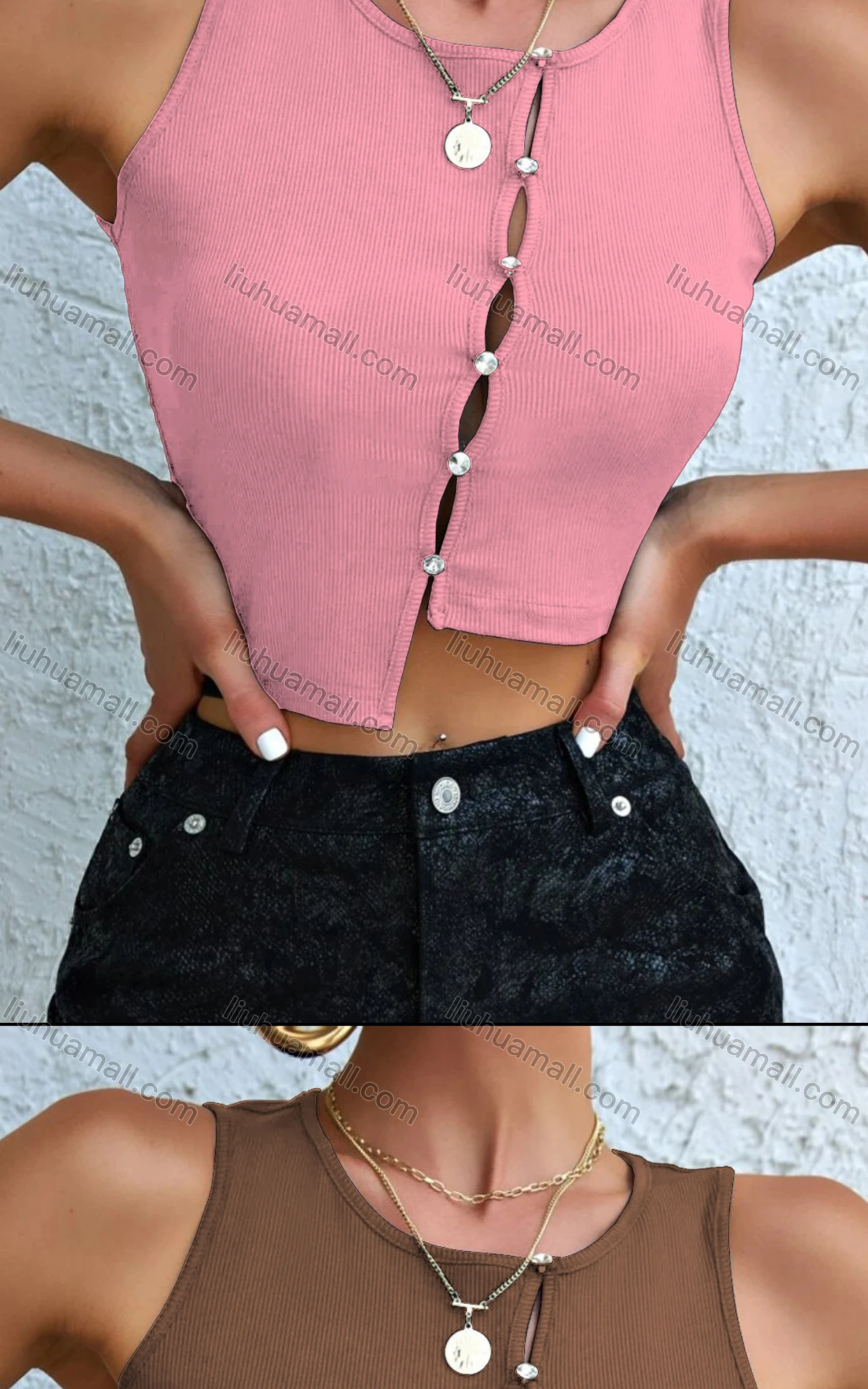 Wholesale Women's Casual Rhinestone Asymmetrical Hem Crop Tank Top - Liuhuamall