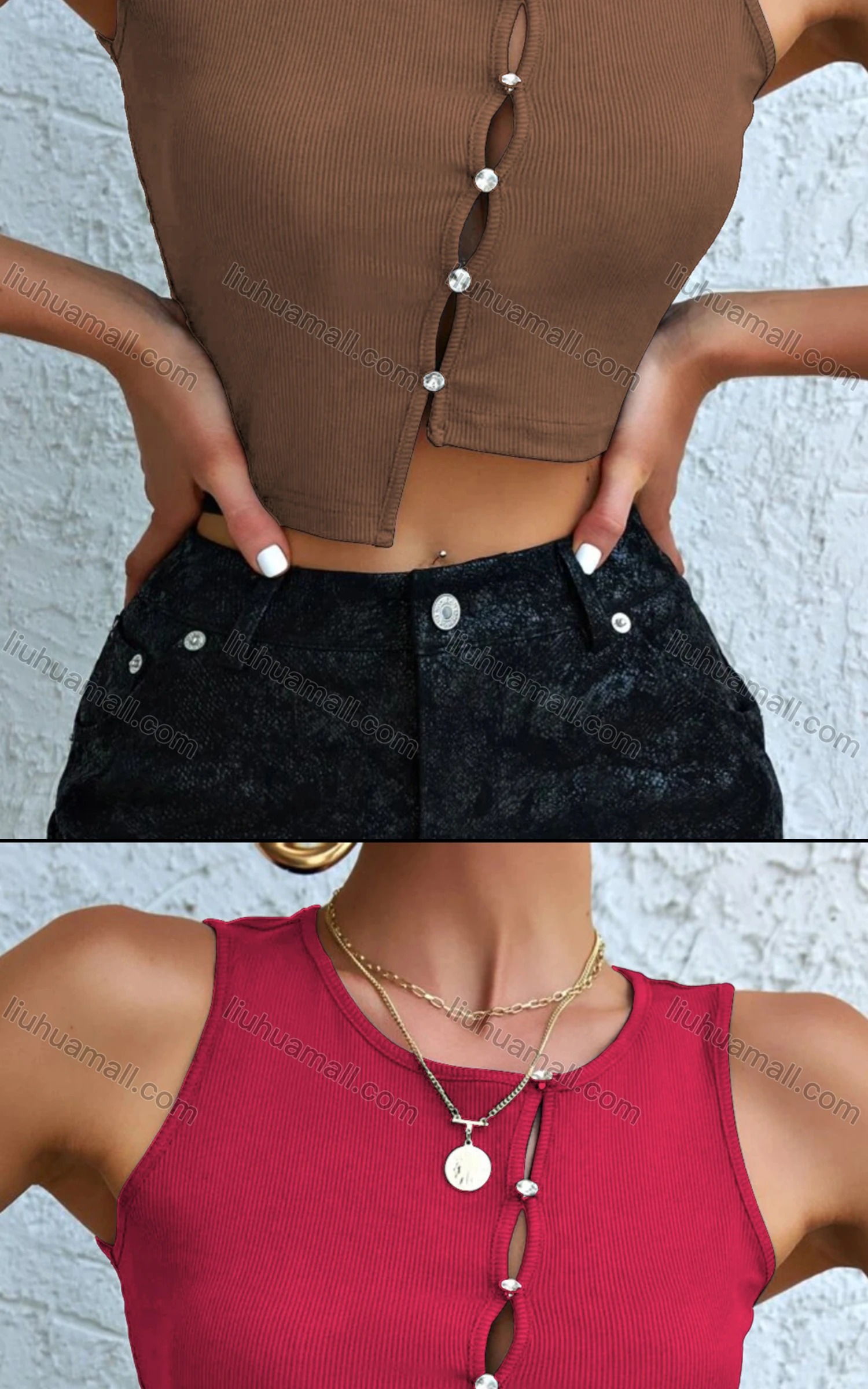 Wholesale Women's Casual Rhinestone Asymmetrical Hem Crop Tank Top - Liuhuamall