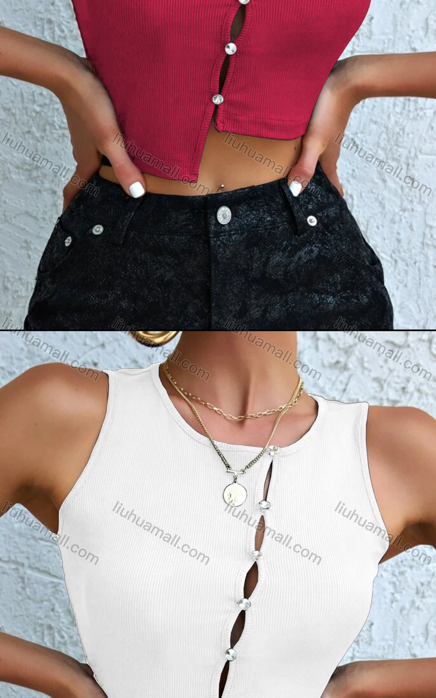 Wholesale Women's Casual Rhinestone Asymmetrical Hem Crop Tank Top - Liuhuamall