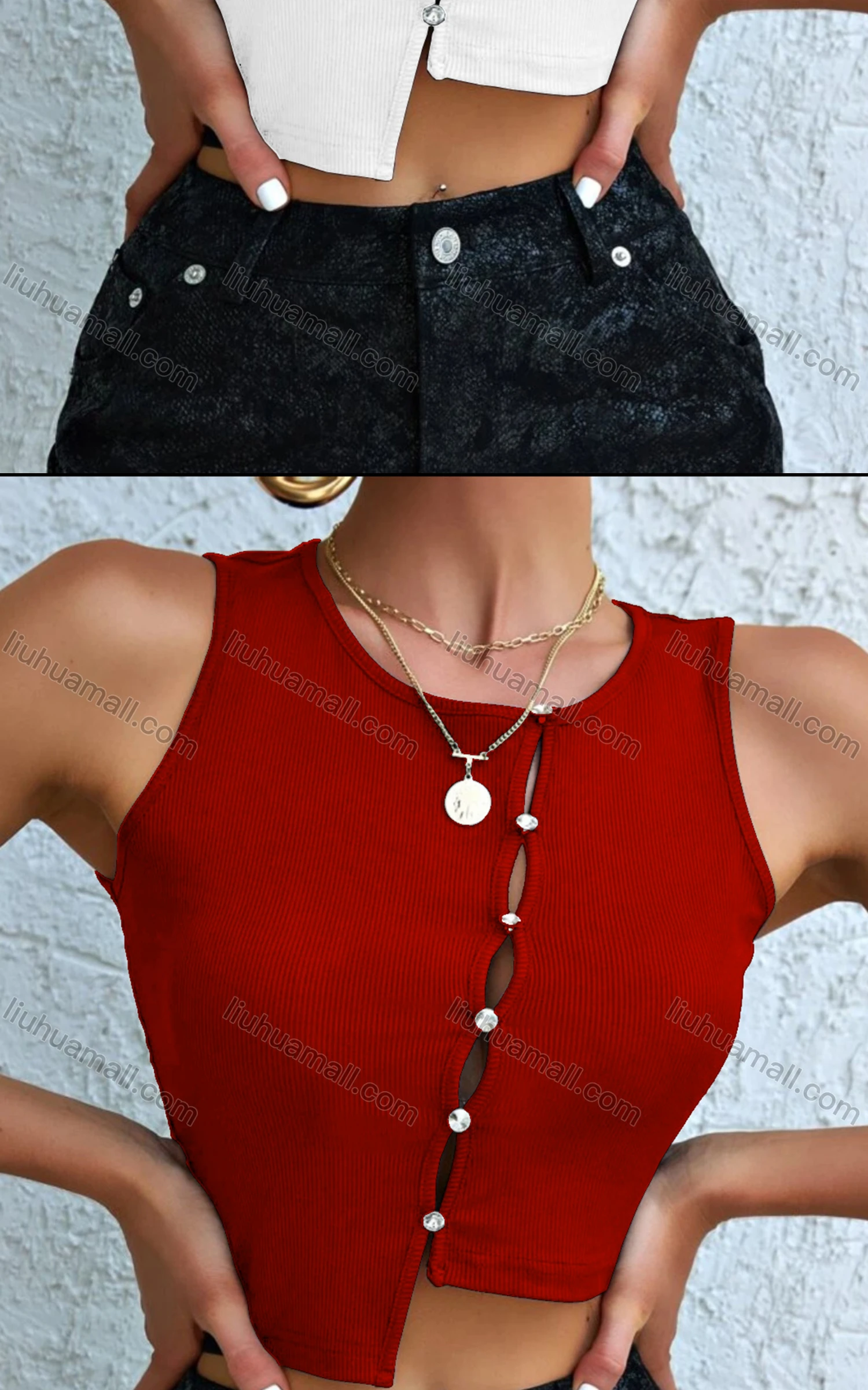 Wholesale Women's Casual Rhinestone Asymmetrical Hem Crop Tank Top - Liuhuamall