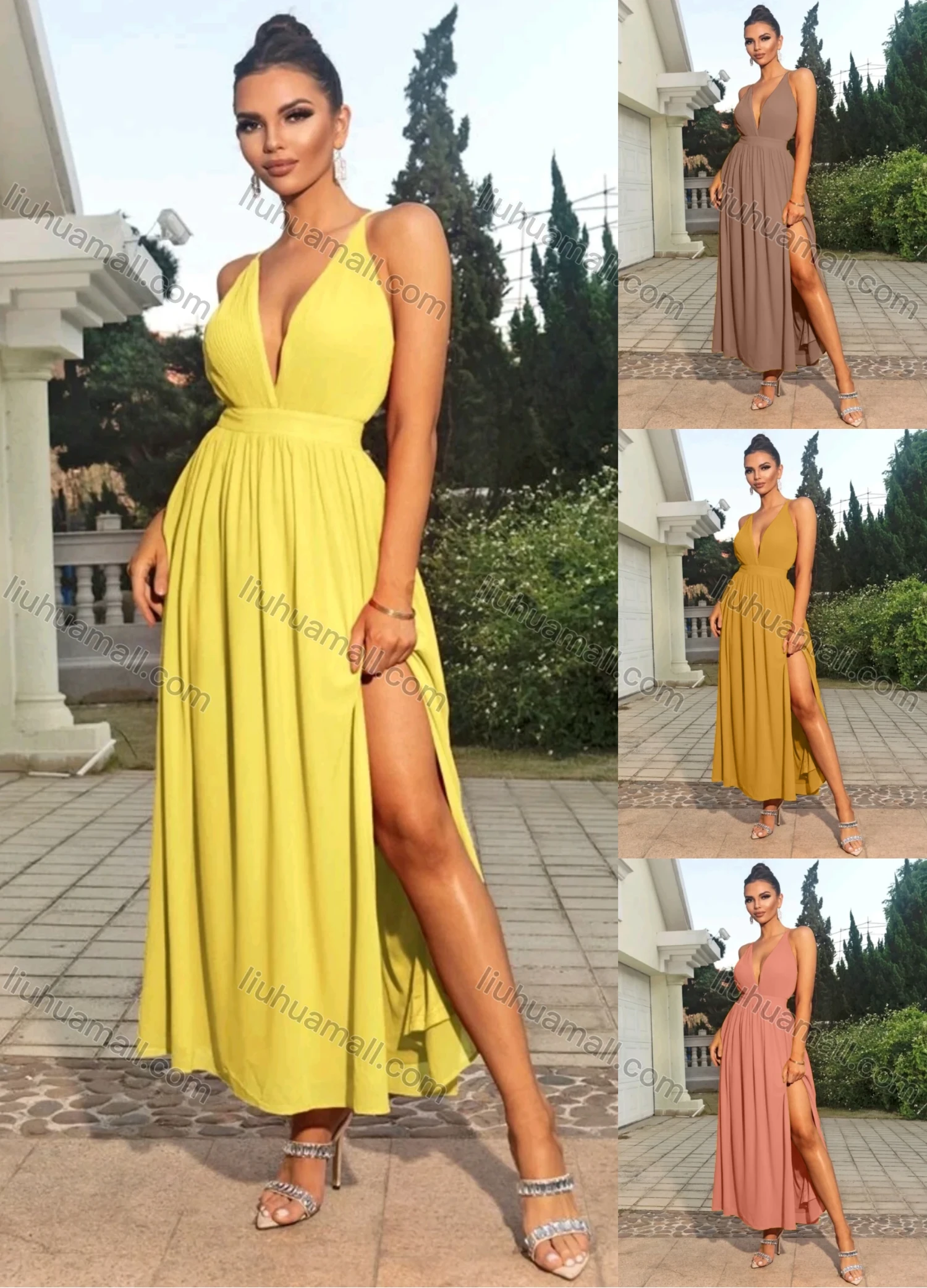 Wholesale Women's Sexy Plain Deep V Neck Spaghetti Straps Ruched Crisscross Back High Waist Split Side Cocktail Maxi Cami Dress - Liuhuamall