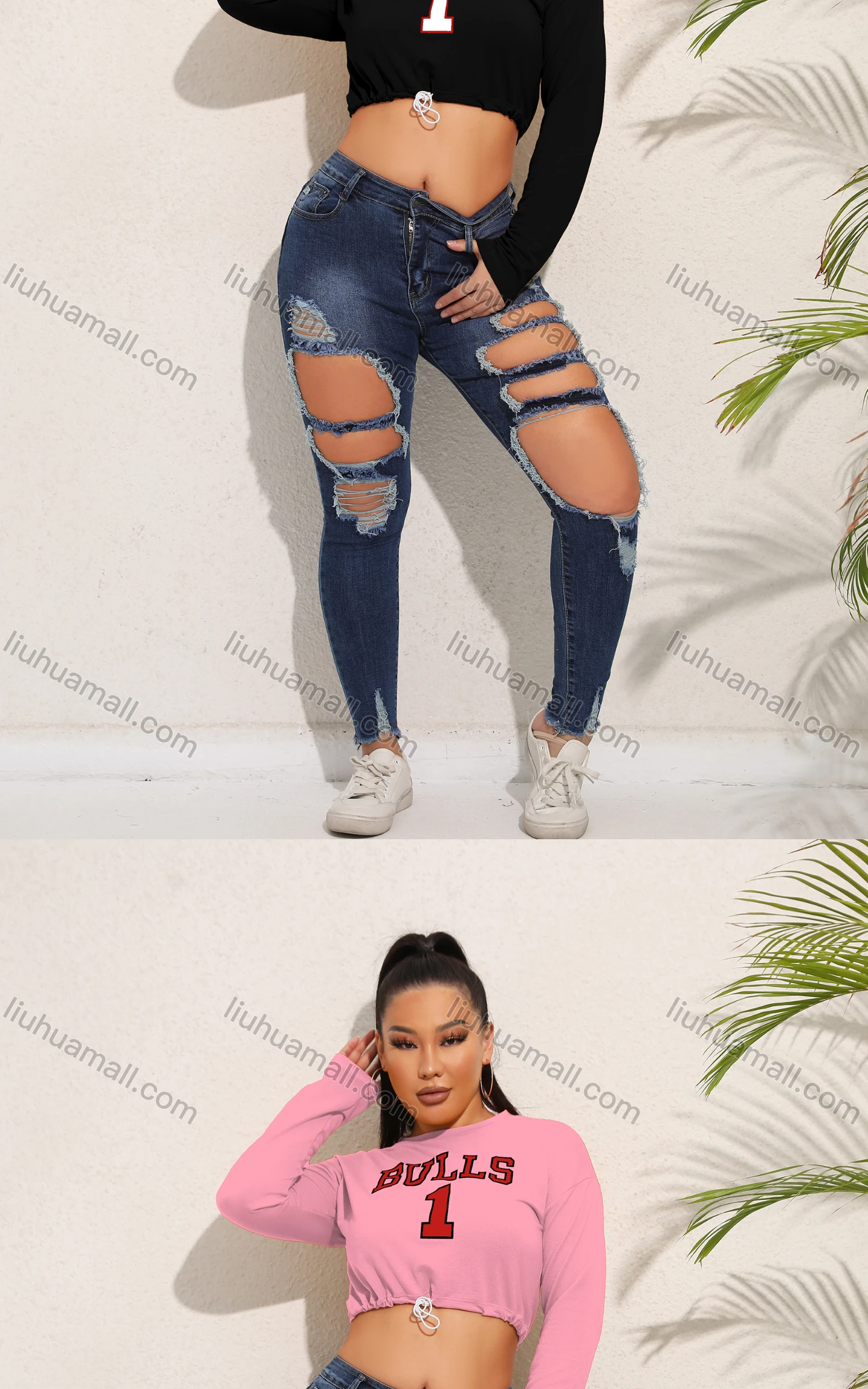 Wholesale Women's Casual Crew Neck Long Sleeve Drawstring Letter Crop T-shirt - Liuhuamall