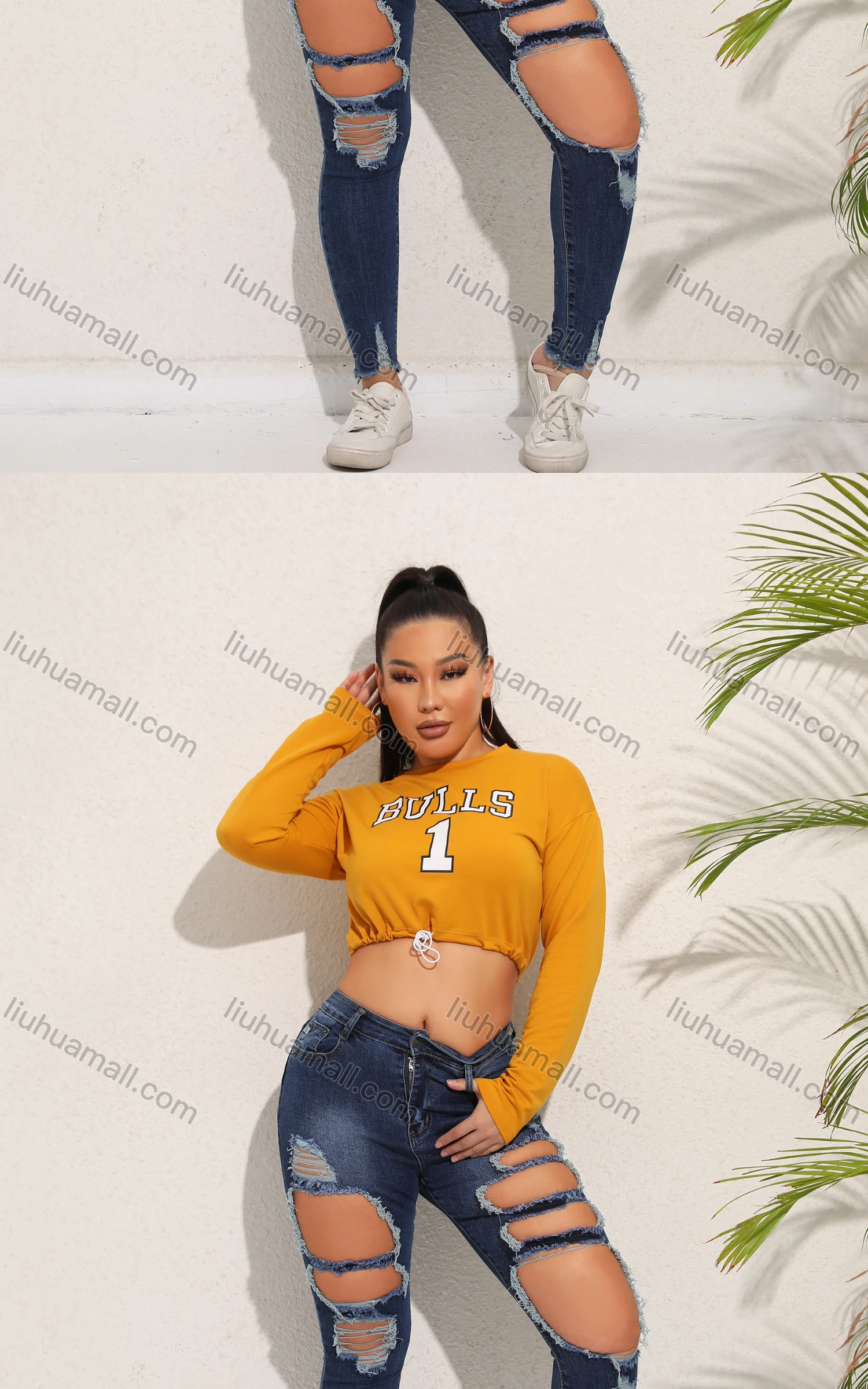 Wholesale Women's Casual Crew Neck Long Sleeve Drawstring Letter Crop T-shirt - Liuhuamall