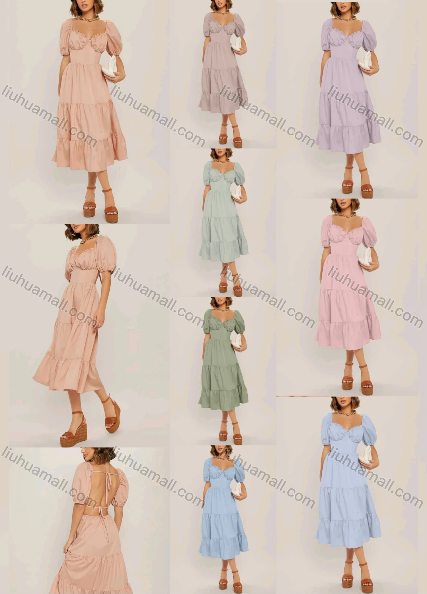Wholesale Women's Casual Sweetheart Neck Tie Back Puff Sleeve Backless Ruffle Hem Midi Dress - Liuhuamall