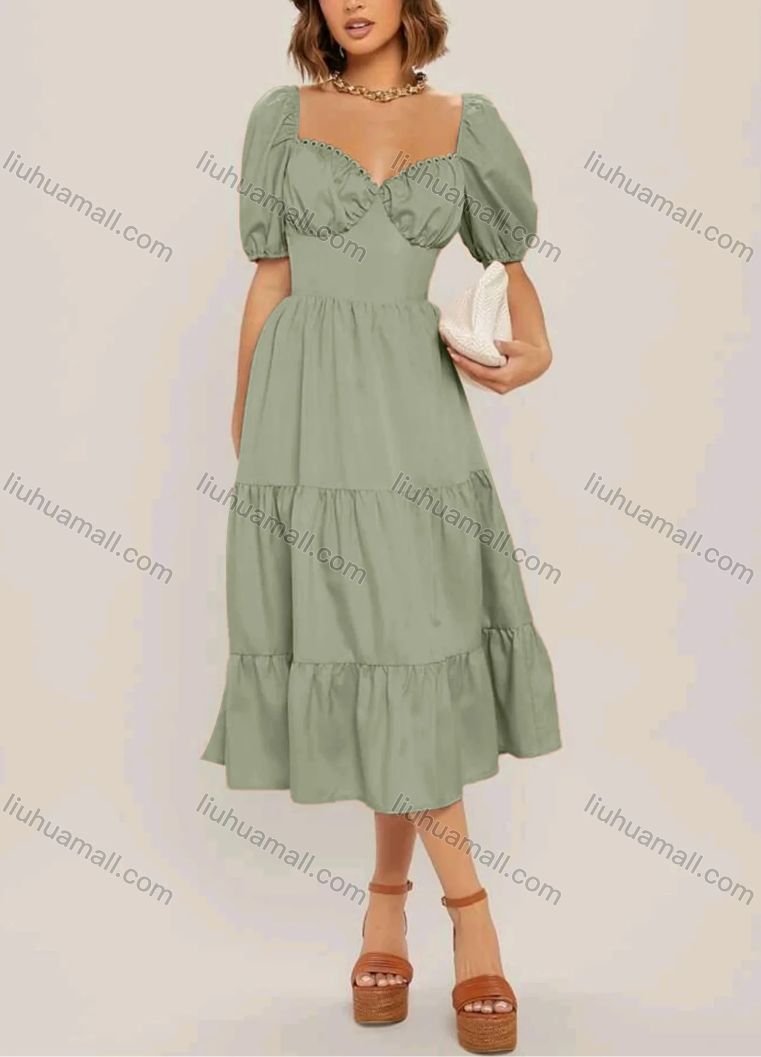 Wholesale Women's Casual Sweetheart Neck Tie Back Puff Sleeve Backless Ruffle Hem Midi Dress - Liuhuamall